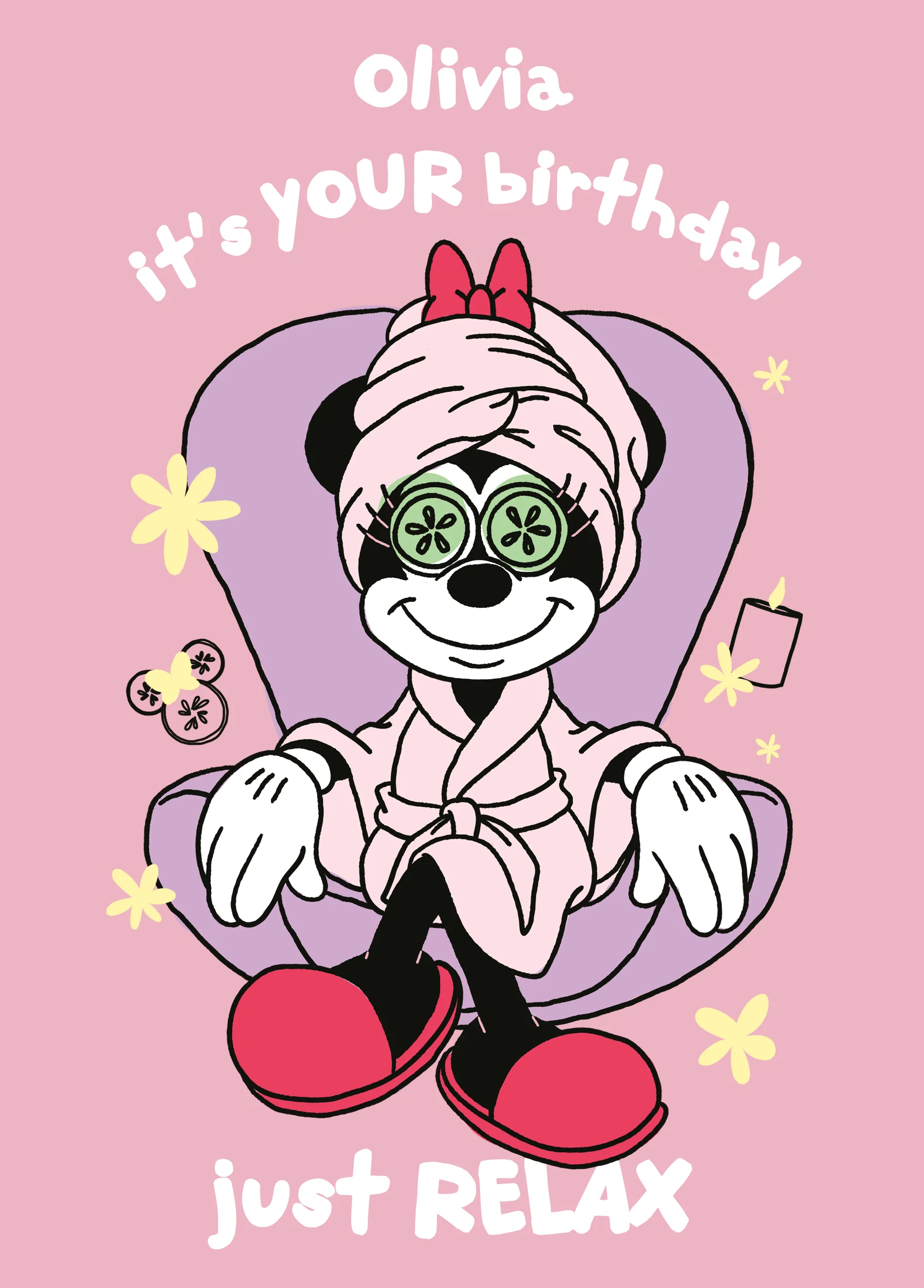 Personalised & Editable Pink Minnie Mouse Spa Day Birthday Card