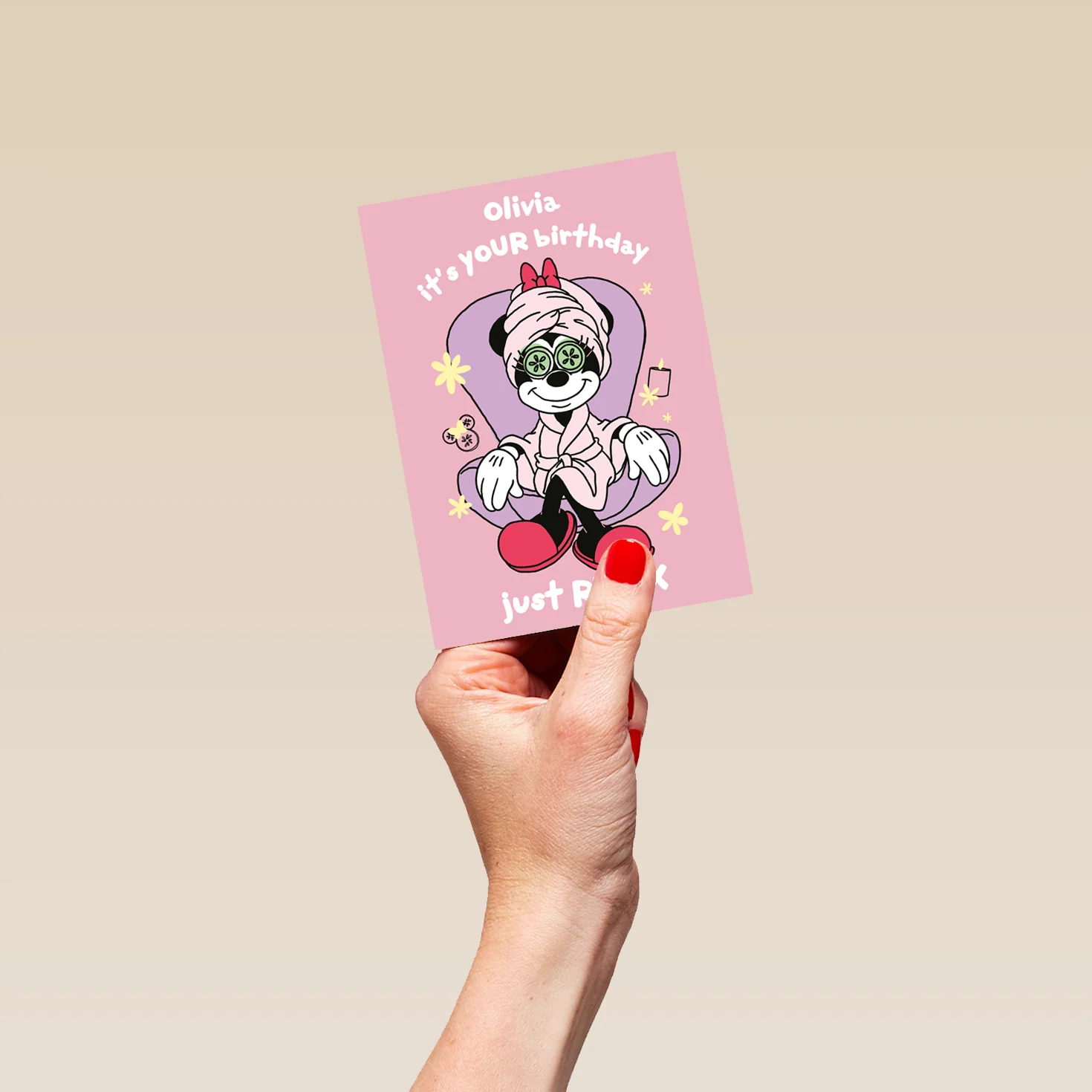 Personalised & Editable Pink Minnie Mouse Spa Day Birthday Card - Image 4