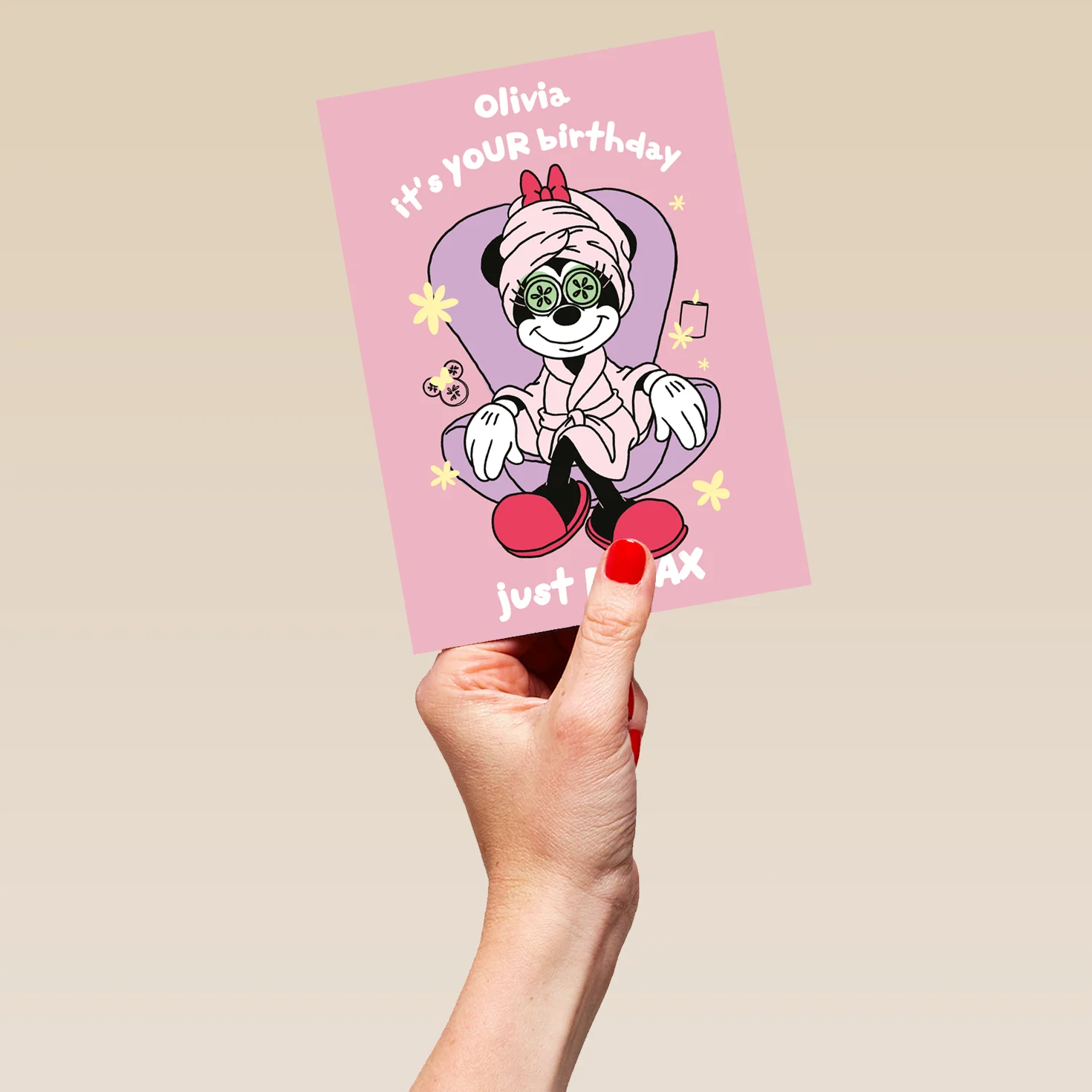 Personalised & Editable Pink Minnie Mouse Spa Day Birthday Card - Image 5