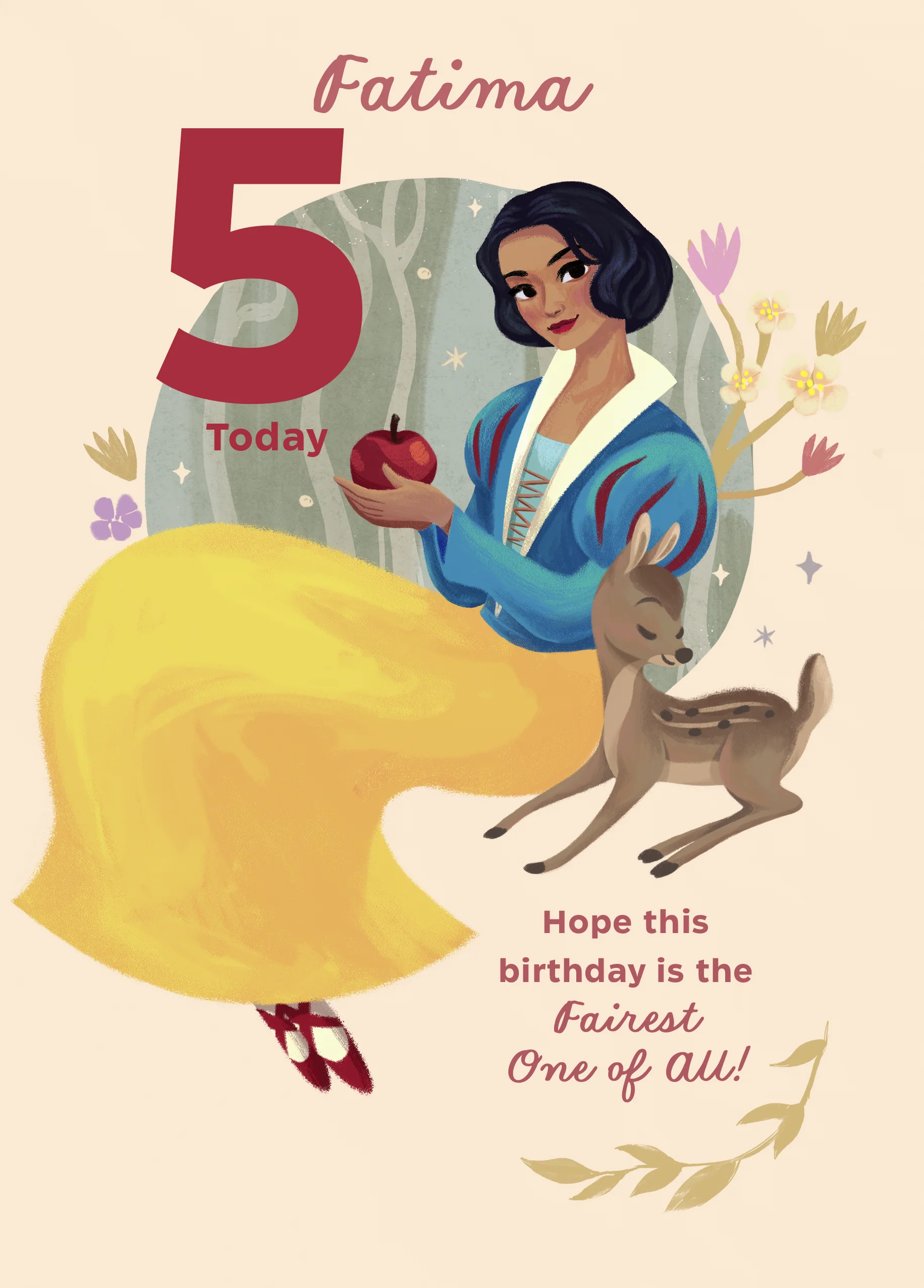 Personalised & Editable Snow White & Fawn 5th Birthday Card
