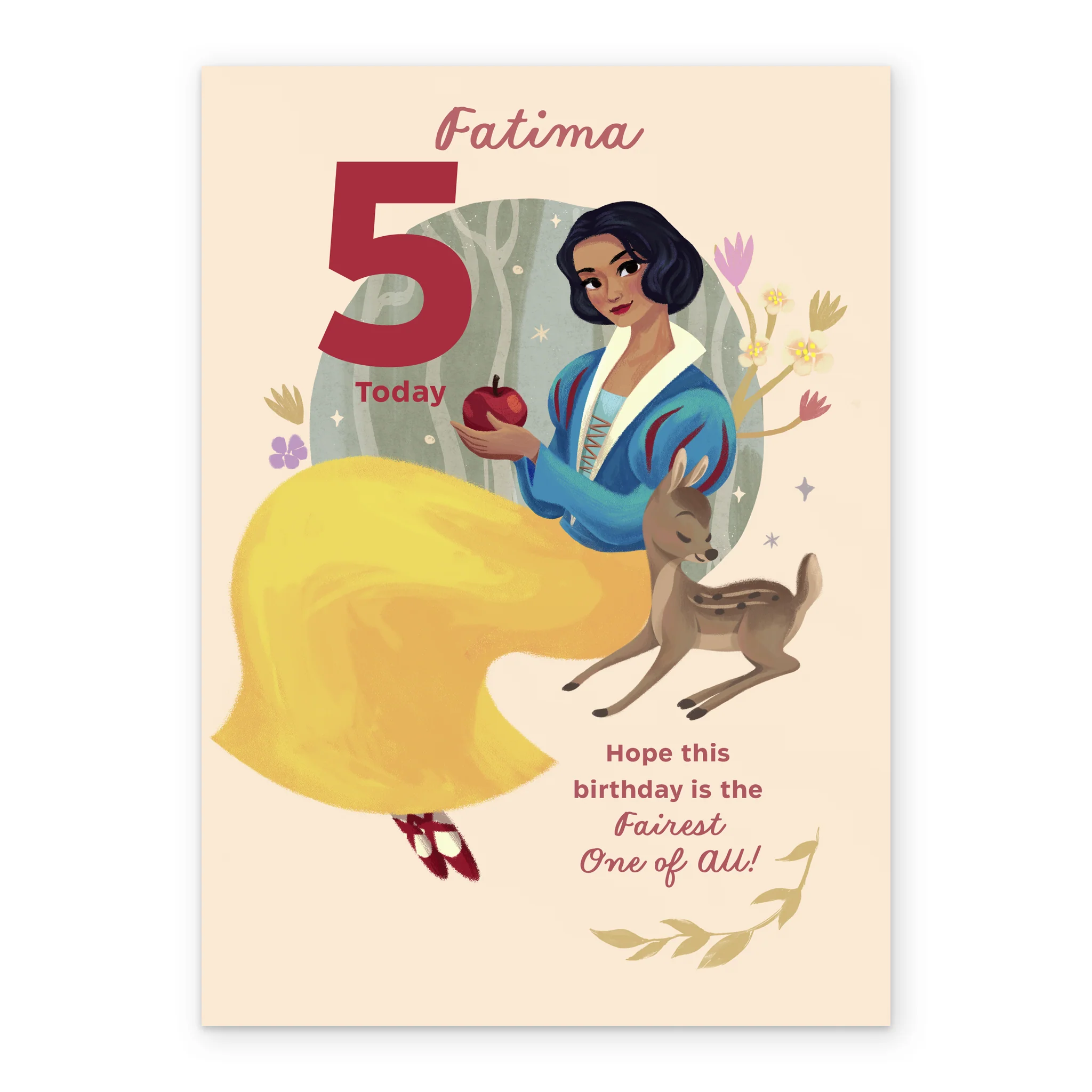 Personalised & Editable Snow White & Fawn 5th Birthday Card - Image 2