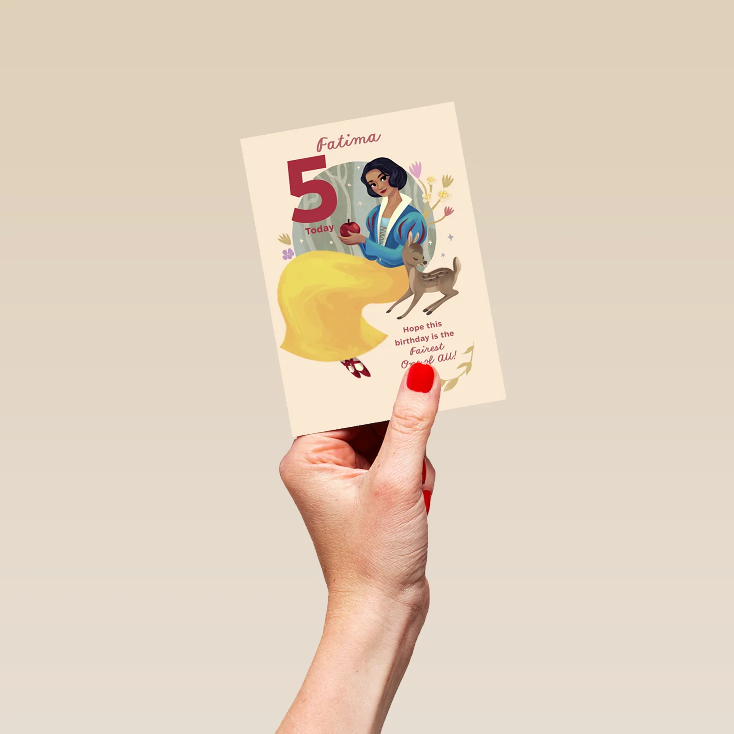 Personalised & Editable Snow White & Fawn 5th Birthday Card - Image 4