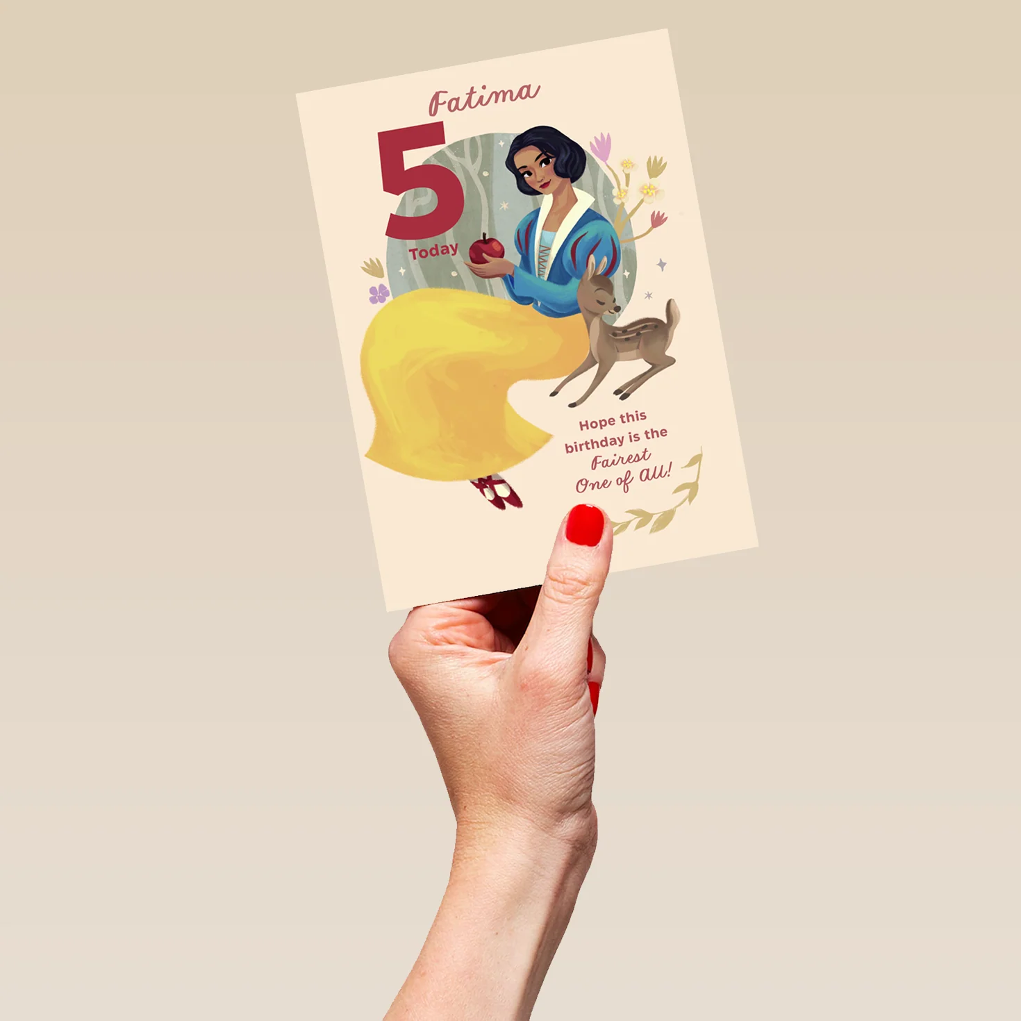 Personalised & Editable Snow White & Fawn 5th Birthday Card - Image 5