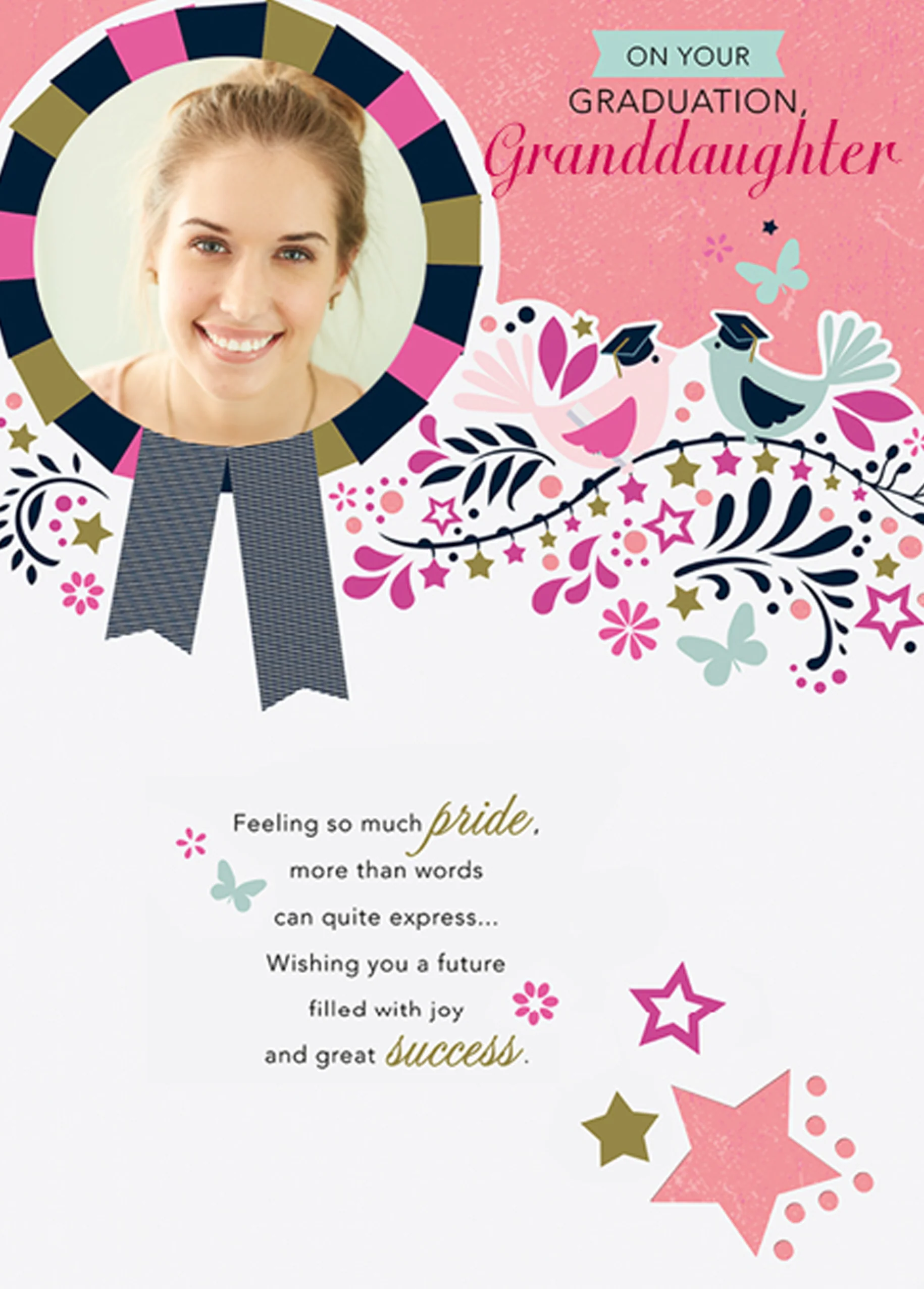 Personalised Editable Stars and Rosette Granddaughter Graduation Photo Card