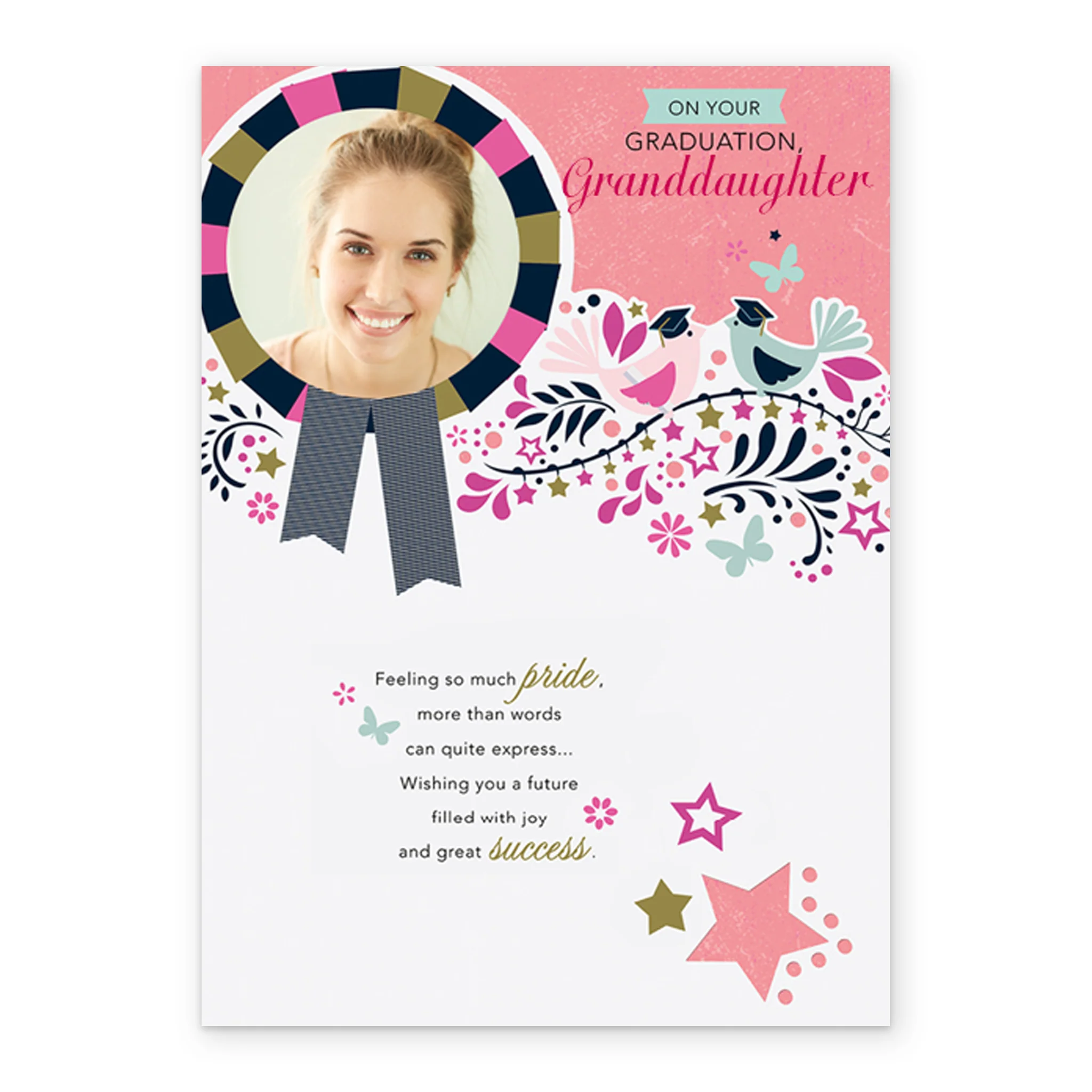 Personalised Editable Stars and Rosette Granddaughter Graduation Photo Card - Image 2