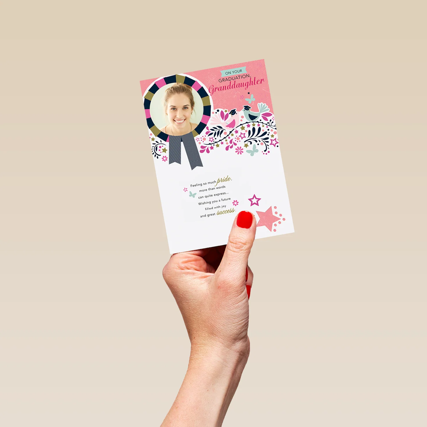 Personalised Editable Stars and Rosette Granddaughter Graduation Photo Card - Image 4