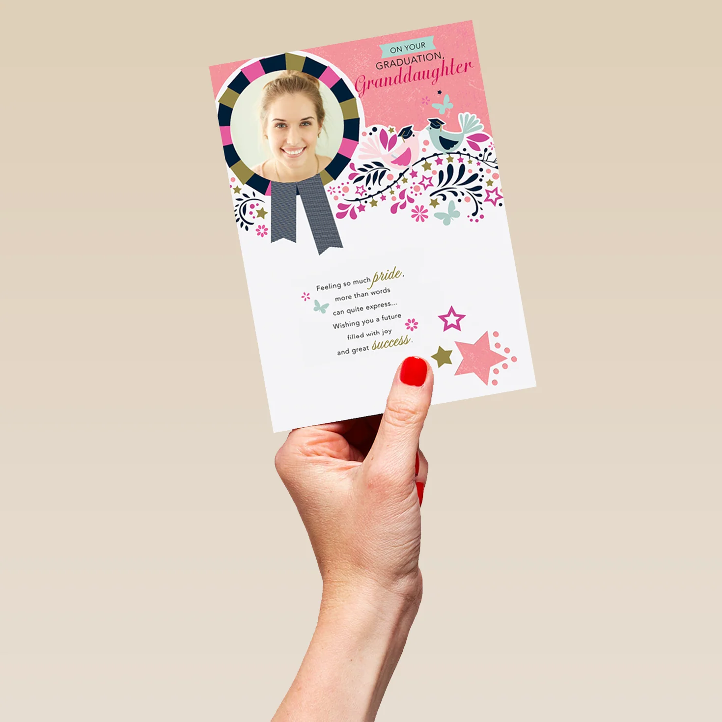 Personalised Editable Stars and Rosette Granddaughter Graduation Photo Card - Image 5