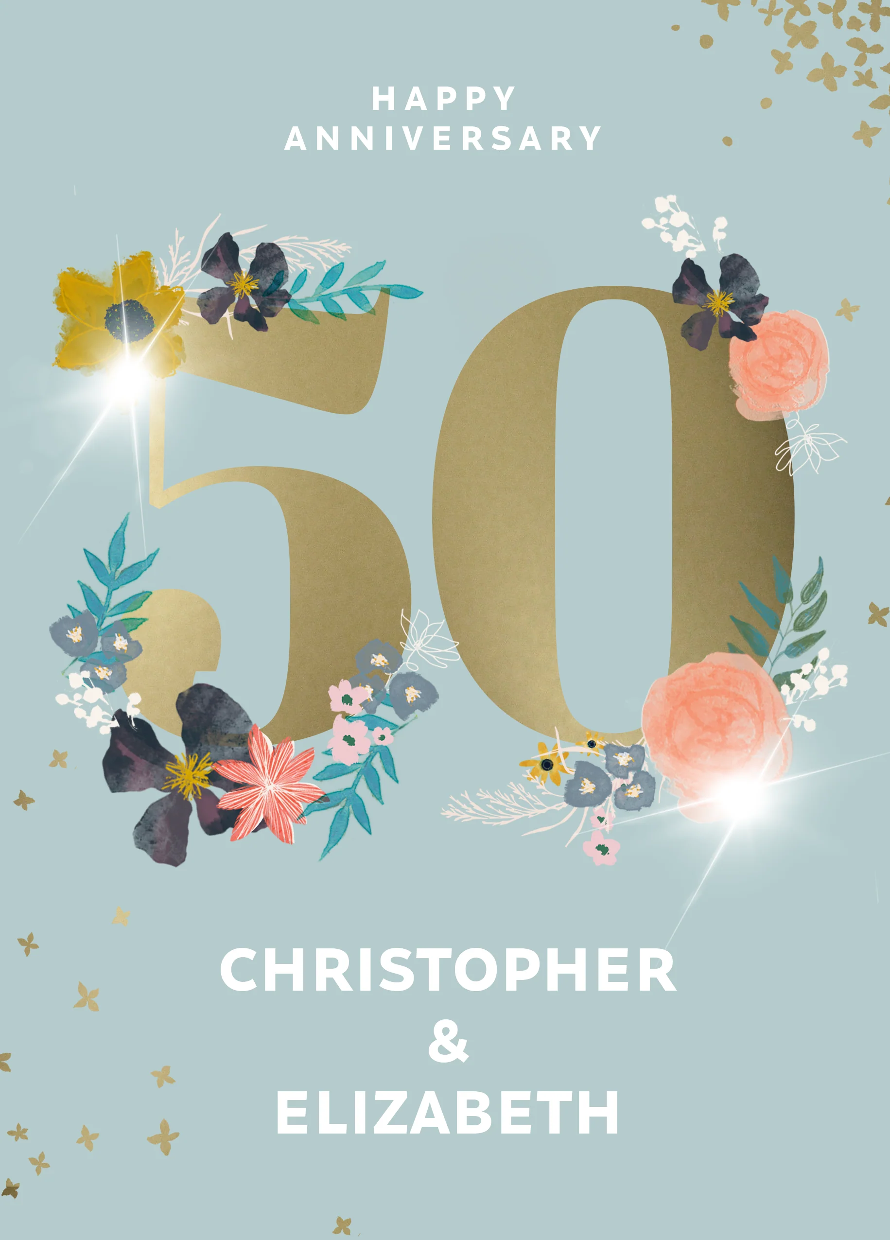 Personalised & Editable Stars & Florals 50th Anniversary Card