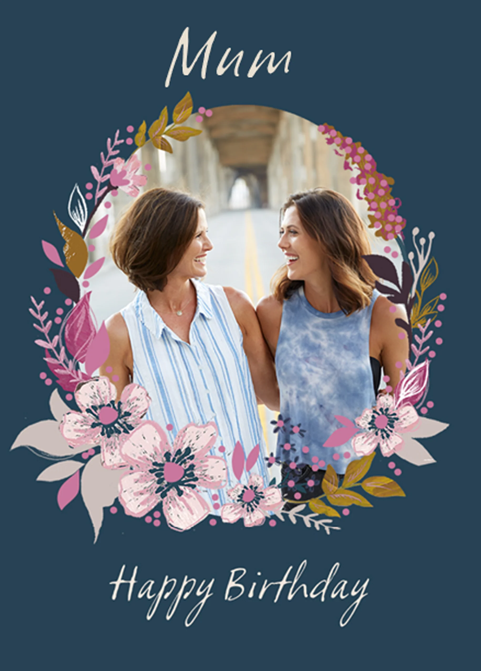 Personalised Floral & Foliage Wreath Photo Birthday Card For Mum