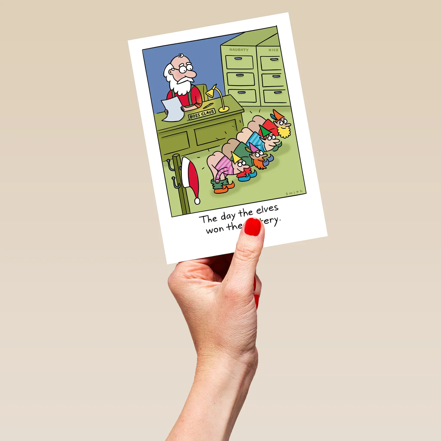 Personalised Funny Christmas Shoebox Cartoon Elves Win Lottery Card - Image 5