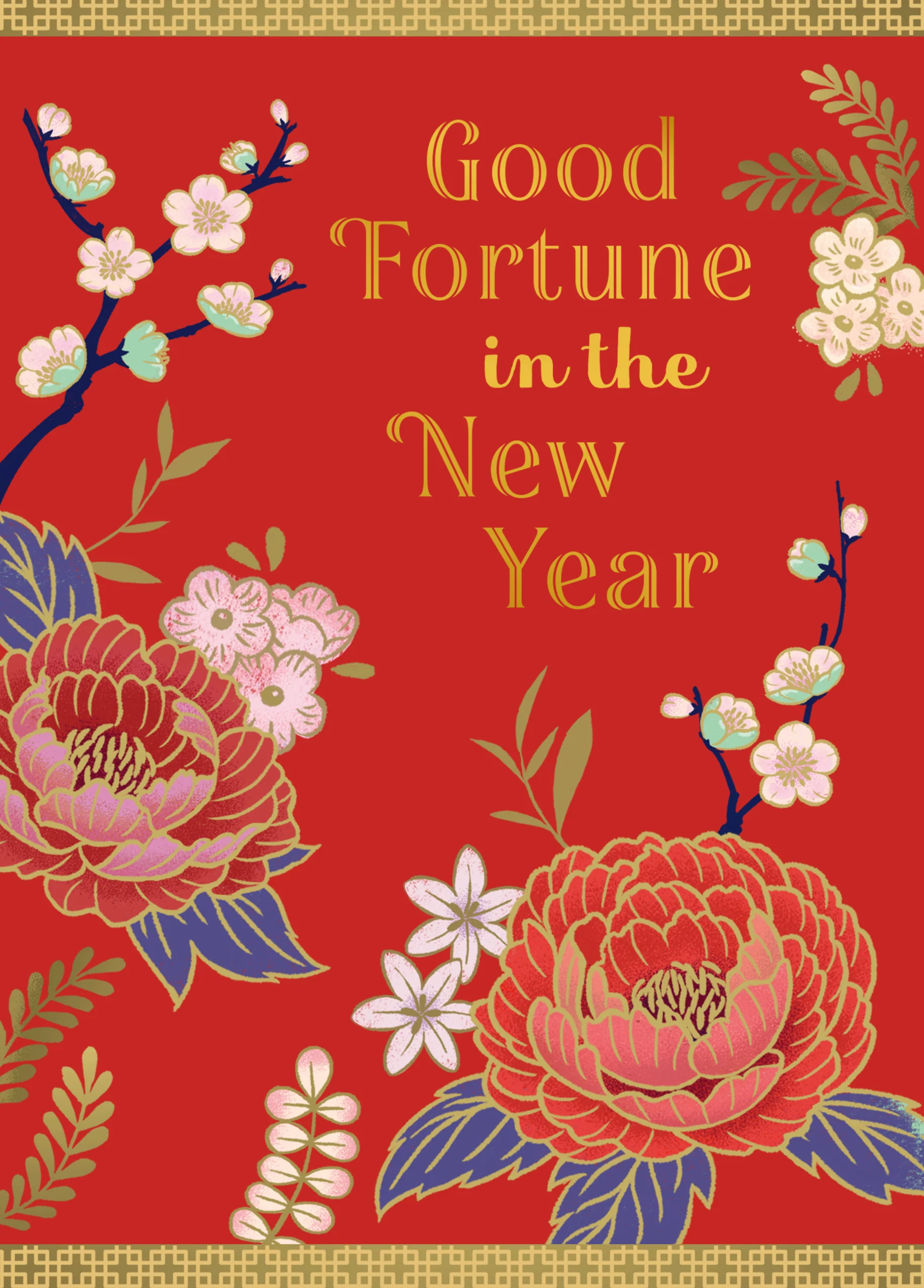 Personalised 'Good Fortune' Red Flowers Lunar New Year Card