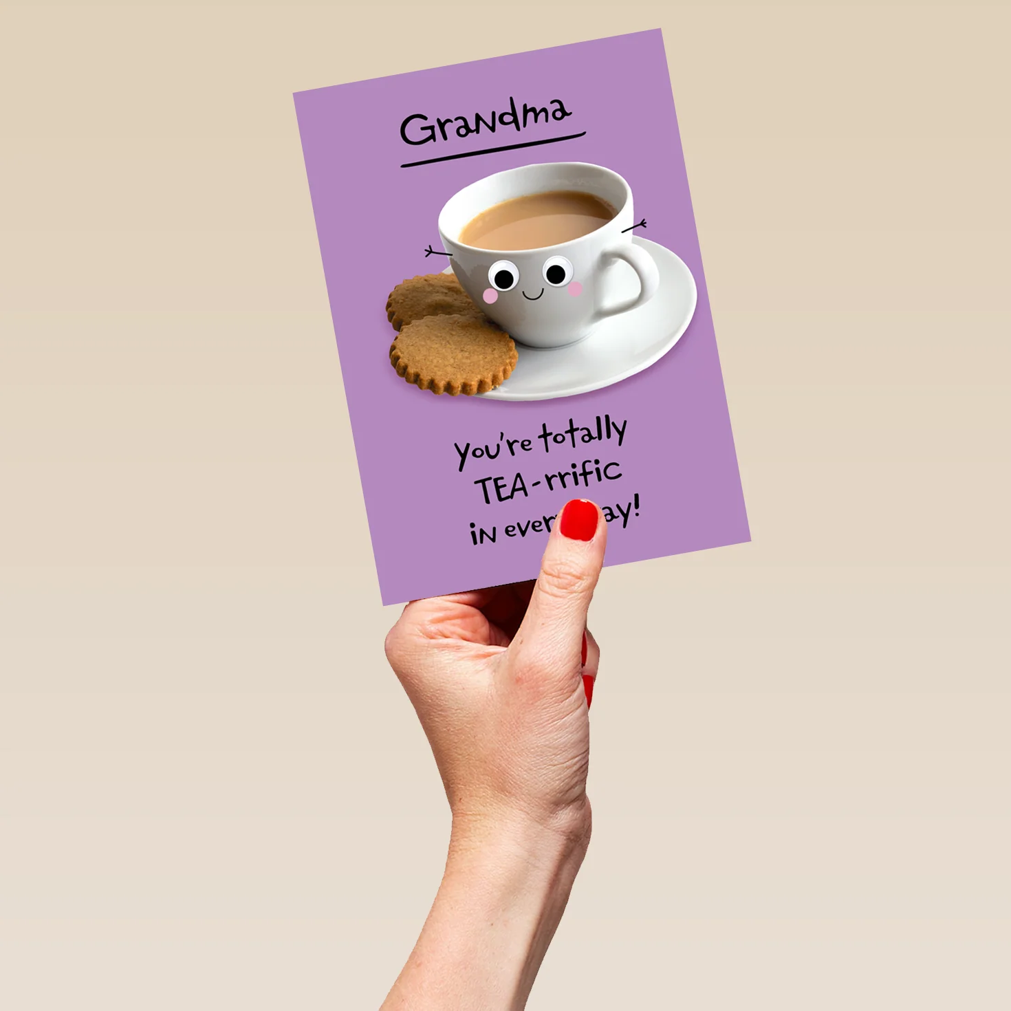 Personalised Googly Grub 'Cup of Tea & Biscuits' Birthday Card For Grandma - Image 5