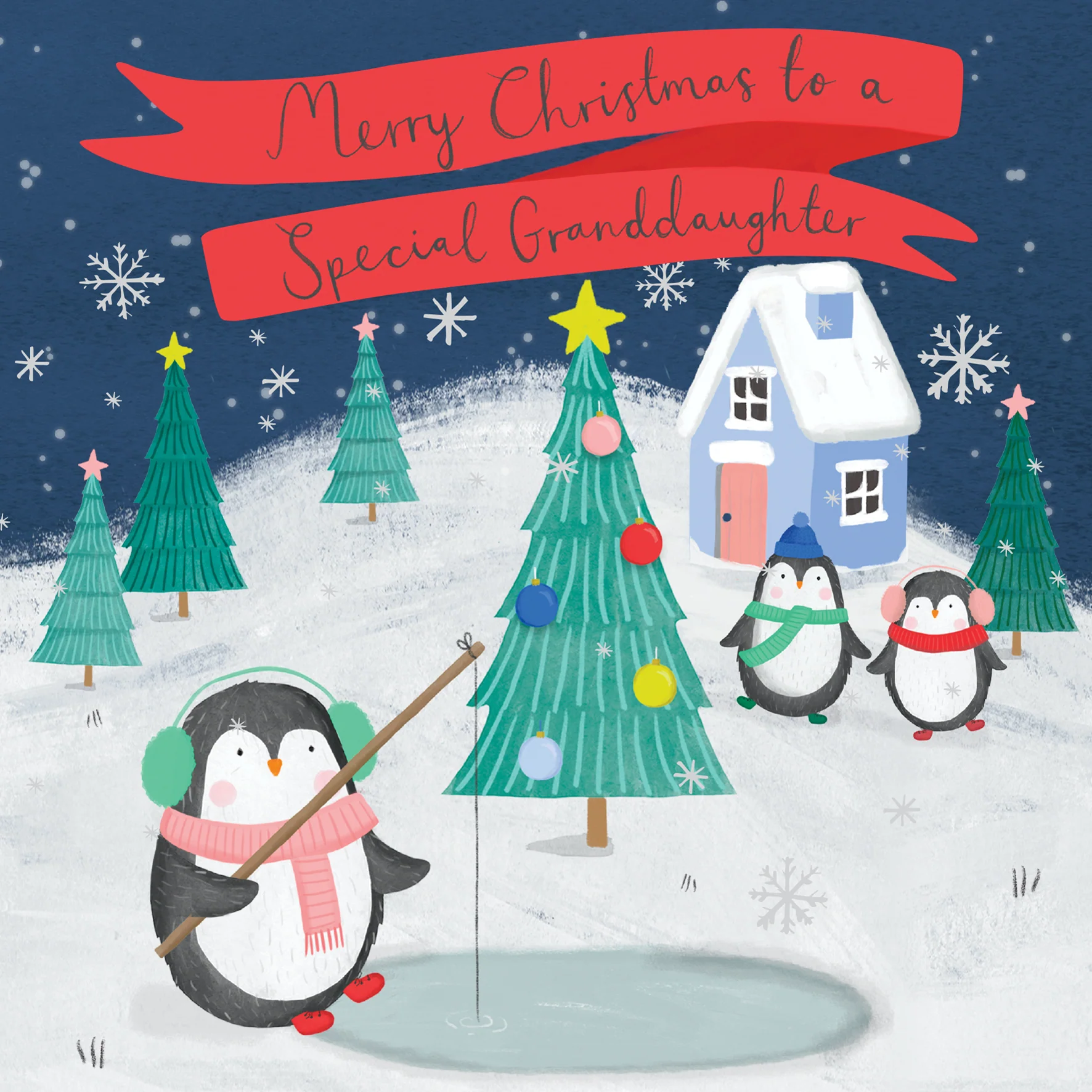 Personalised Granddaughter Cute Penguins Christmas Card