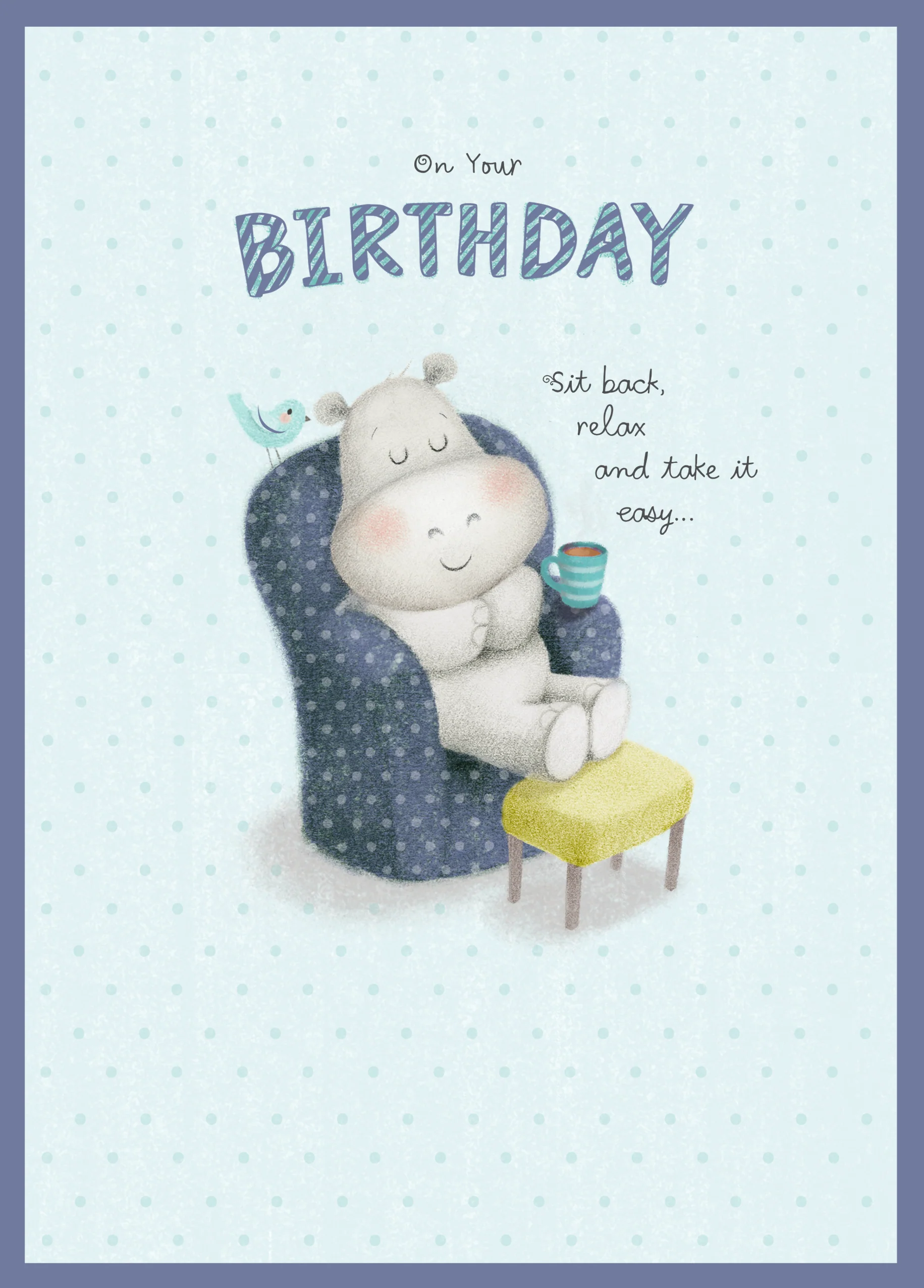 Personalised Hippo Feet Up Cuppa and Relax Cute Birthday Card