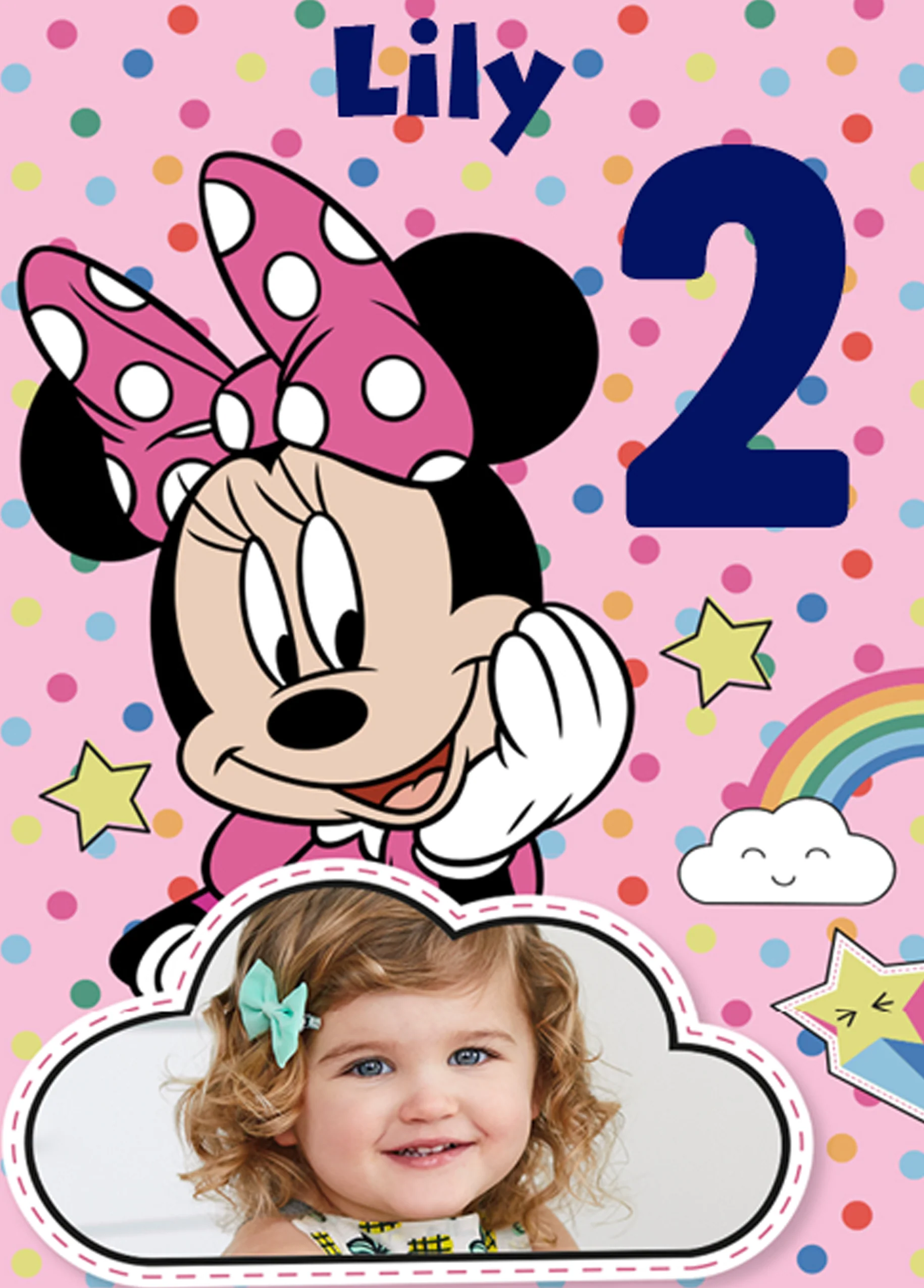 Personalised Kids Disney Minnie Mouse Photo Upload 2nd Birthday Card
