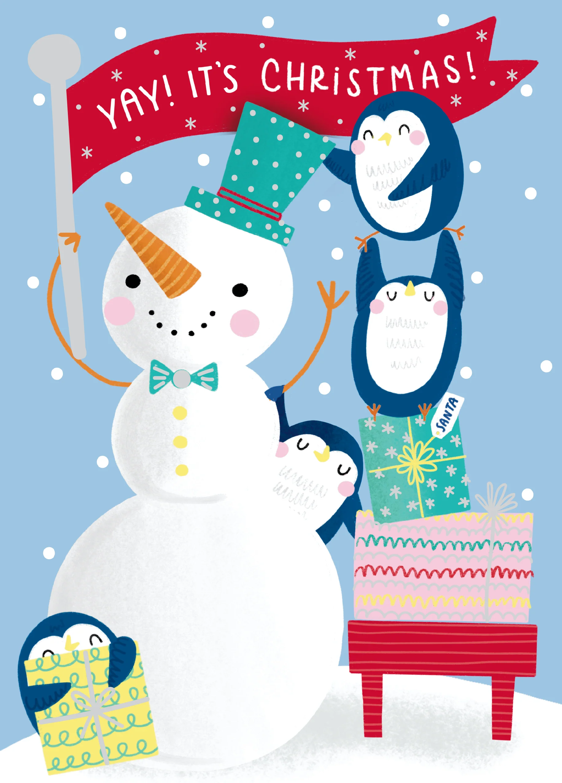 Personalised Kids Snowman & Penguins Flag Christmas Card