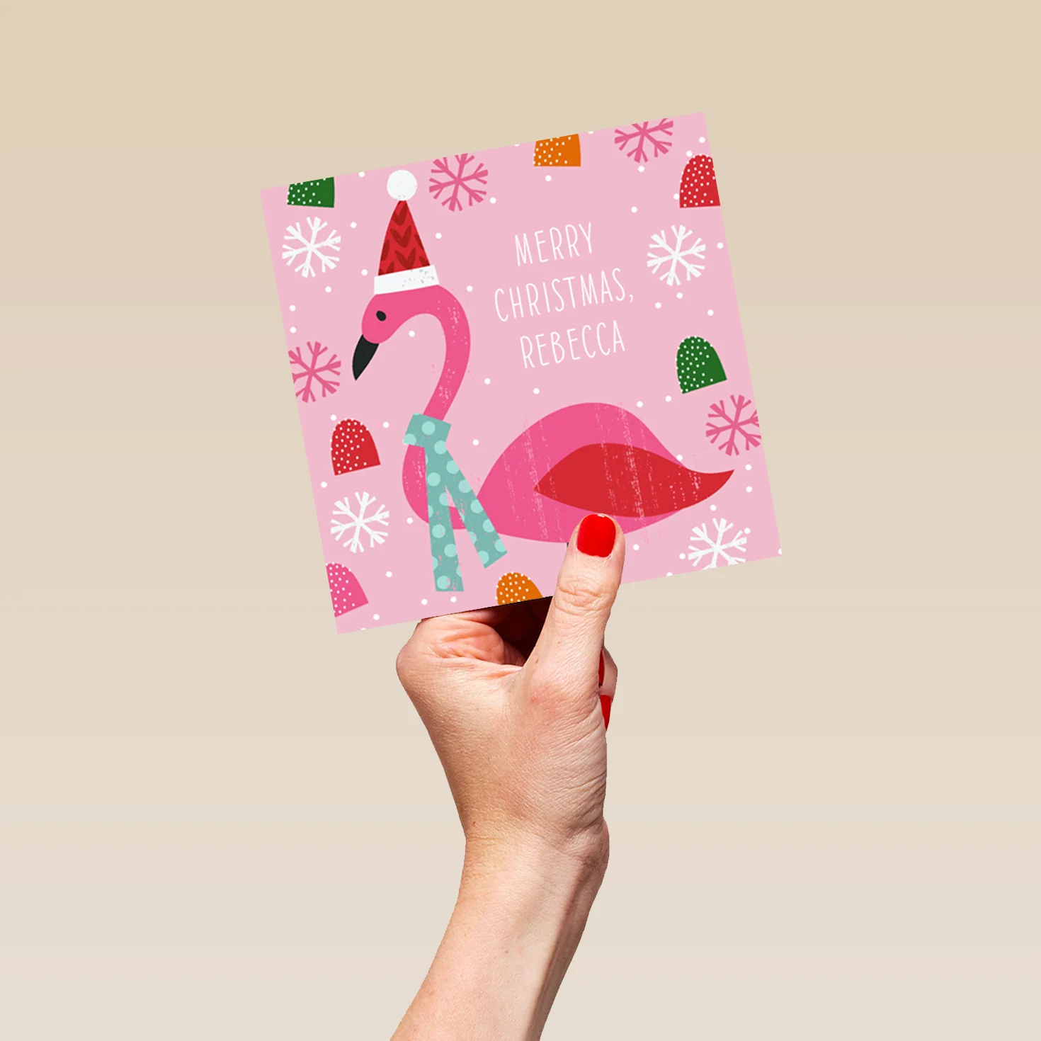 Personalised Modern Christmas Kids Flamingo Santa Hat Card - Image 5