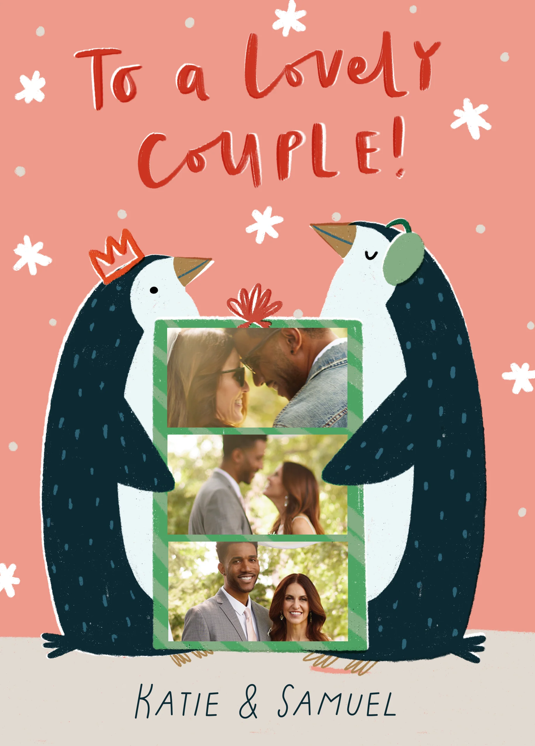 Personalised Multi-Photo Upload & Editable Penguins Christmas Card for Couple