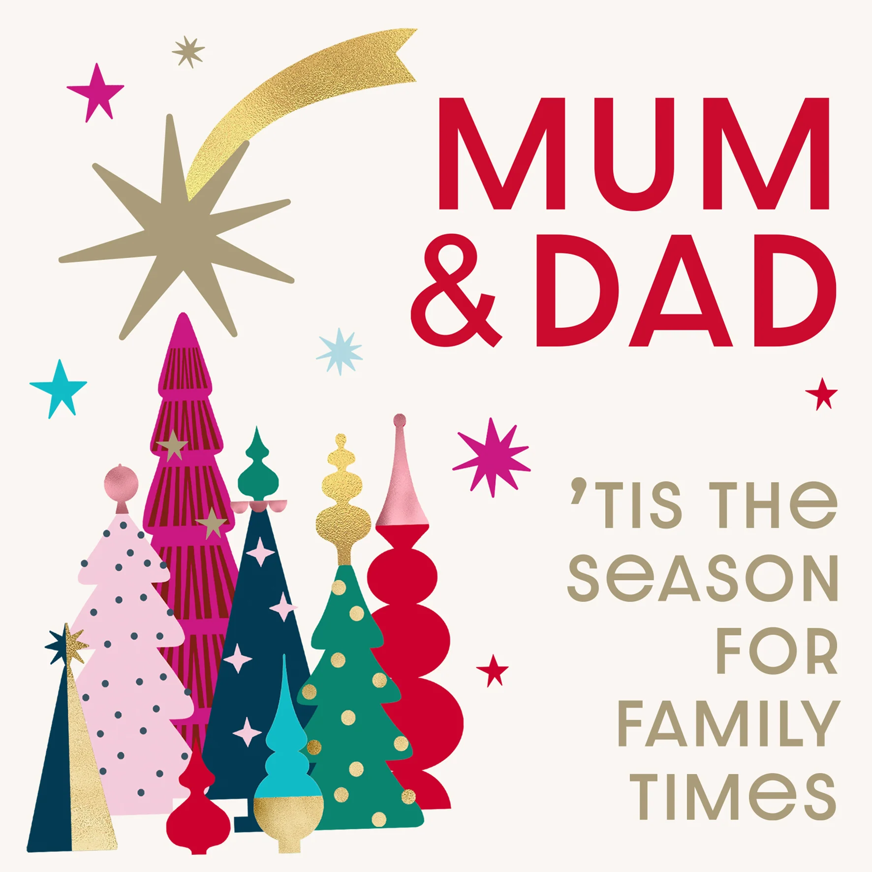 Personalised Mum & Dad Family Times Colourful Trees Christmas Card
