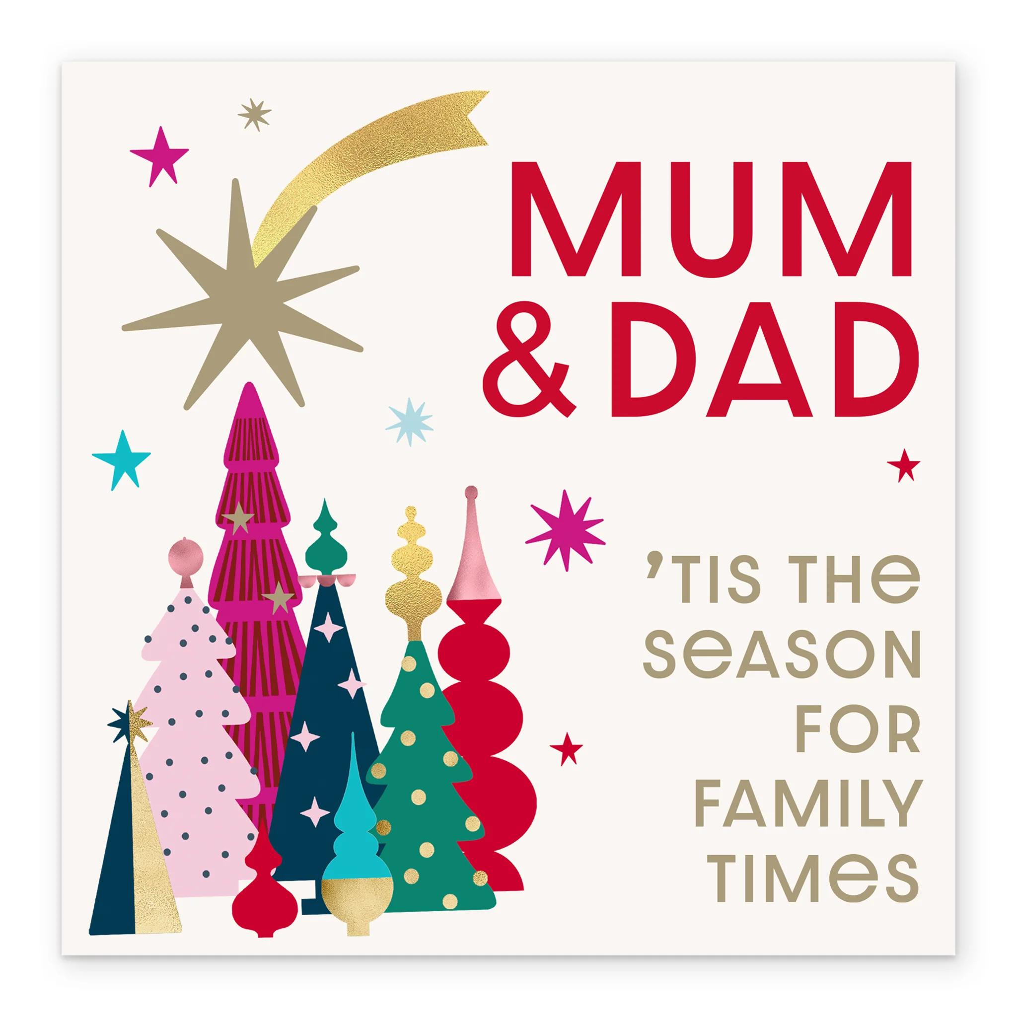 Personalised Mum & Dad Family Times Colourful Trees Christmas Card - Image 2