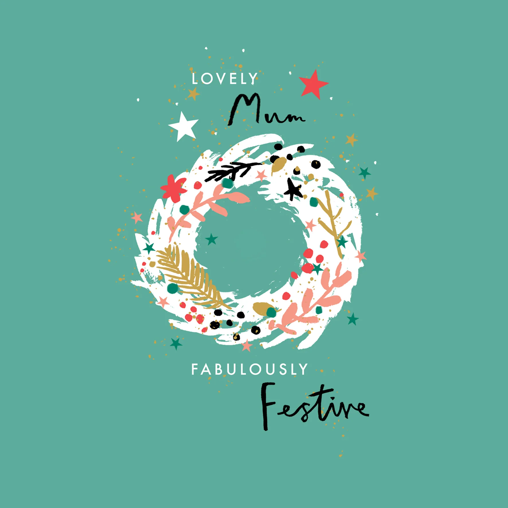 Personalised Mum Festive Wreath & Stars Christmas Card
