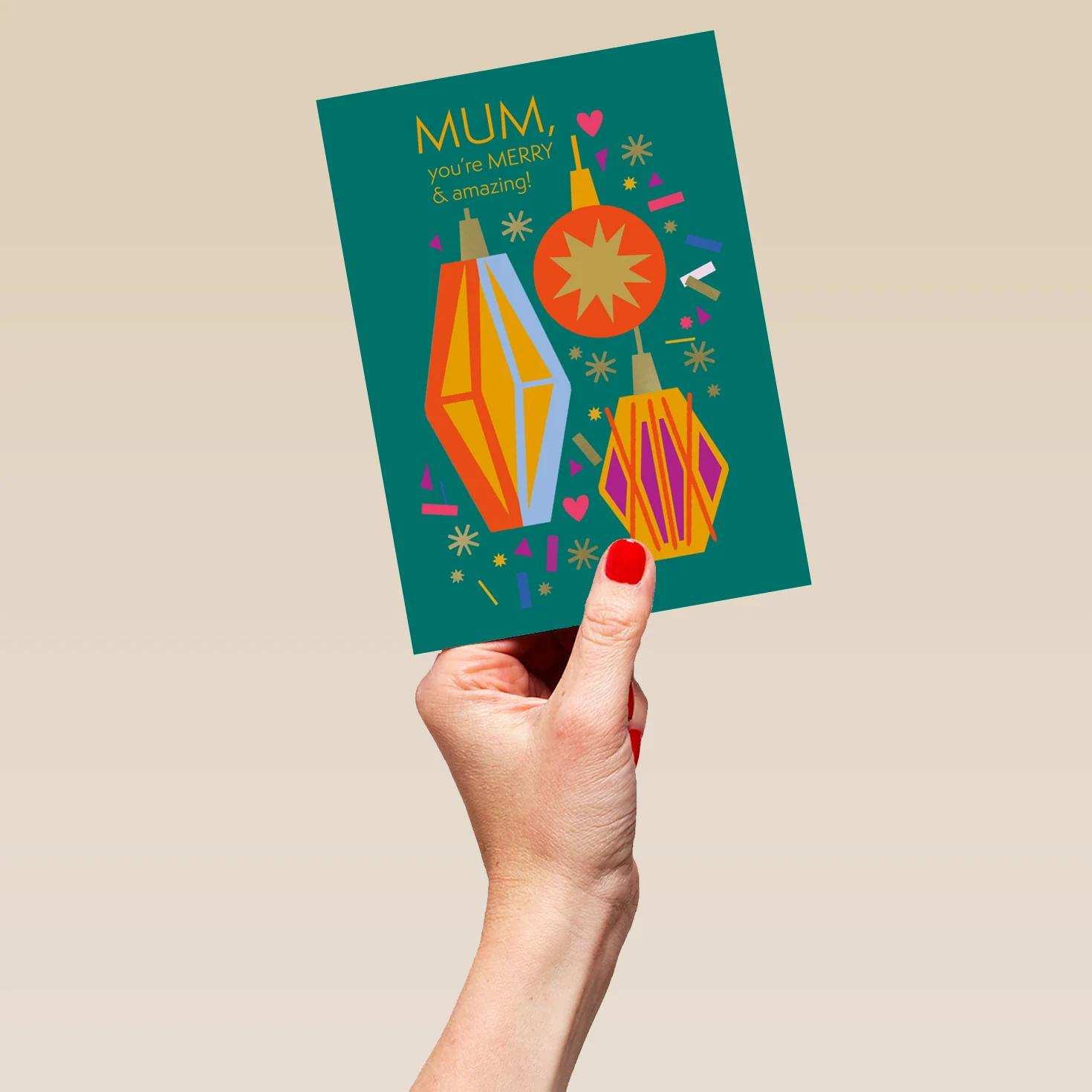 Personalised Mum Fun Retro Colourful Baubles Christmas Card - Image 5