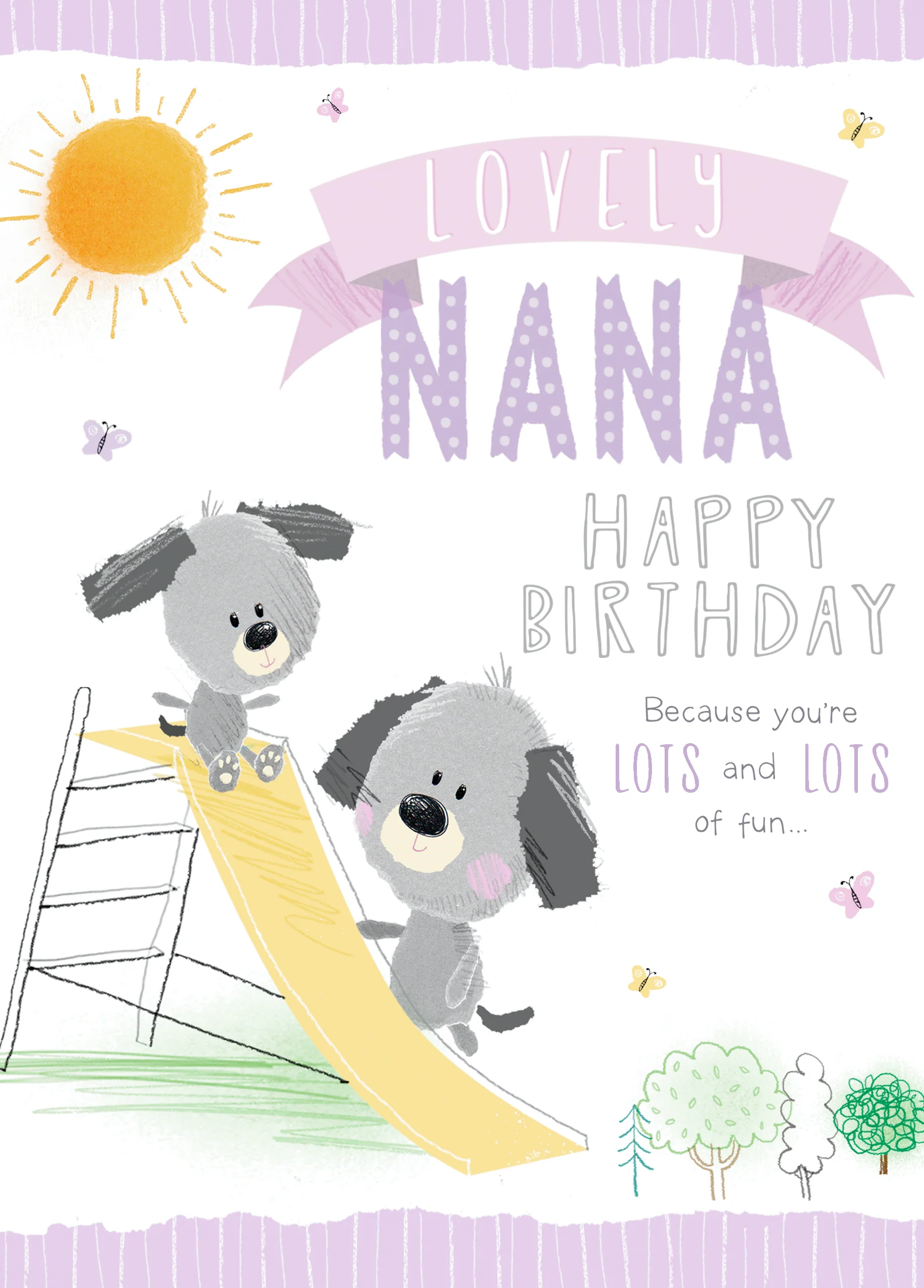 Personalised Nana Illustrated Dogs In Playground Birthday Card