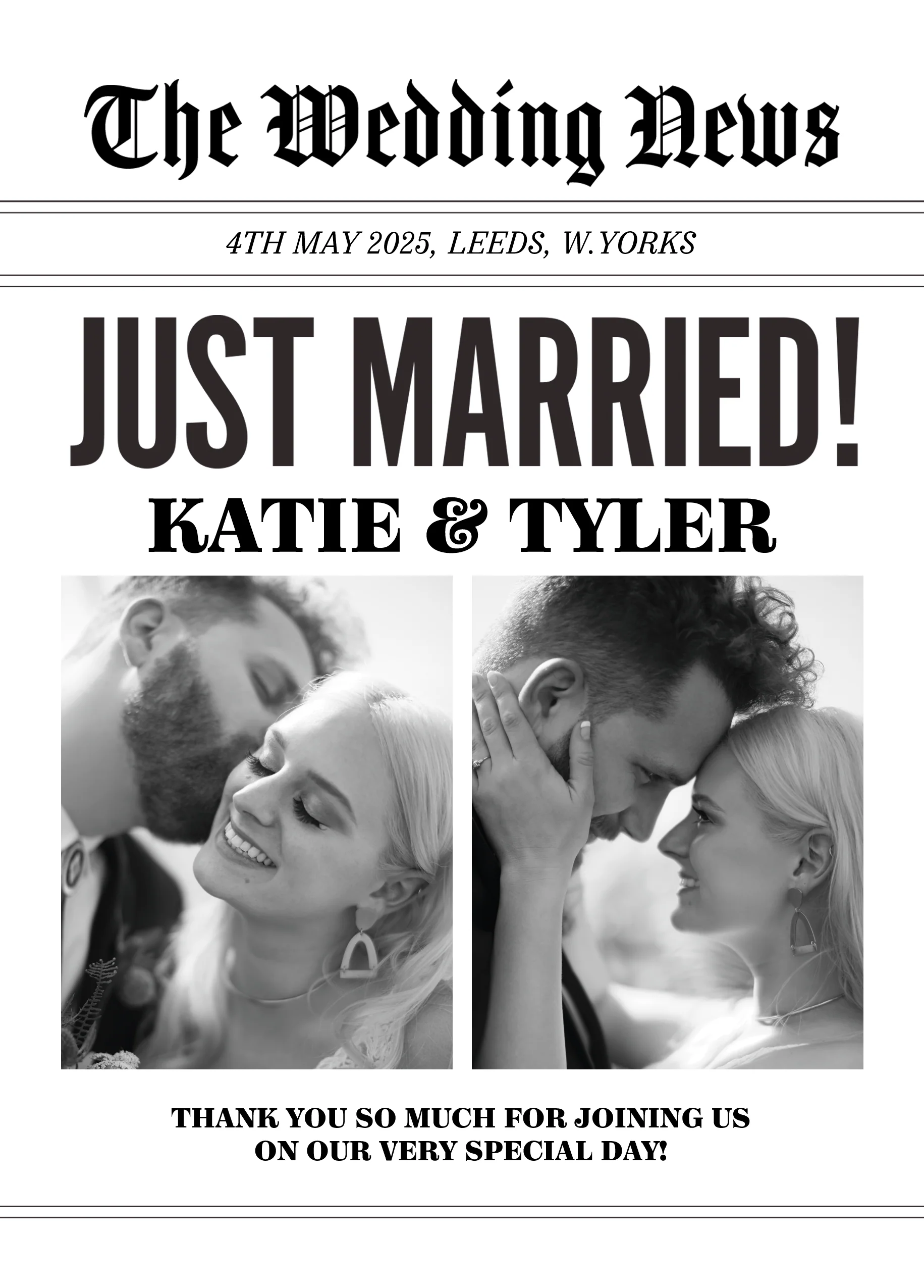 Personalised 'Newspaper' Photo Upload Wedding Announcement Card