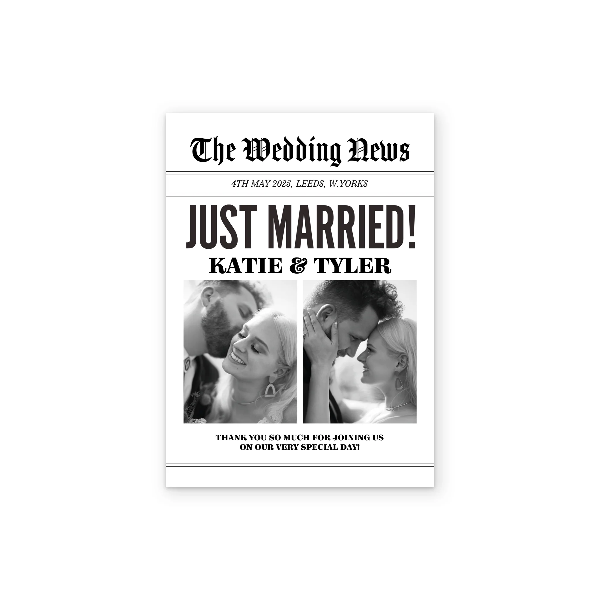 Personalised 'Newspaper' Photo Upload Wedding Announcement Card - Image 2