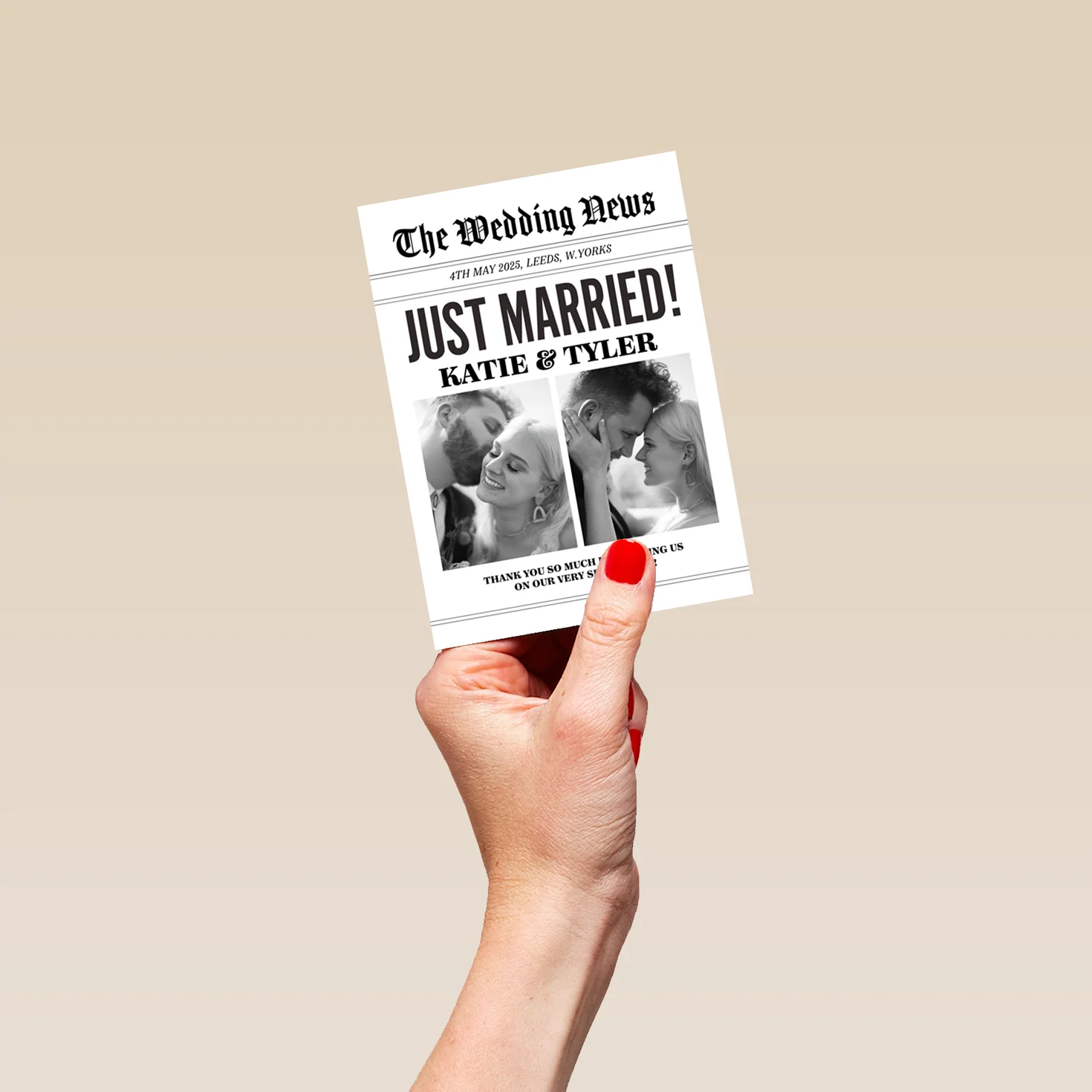 Personalised 'Newspaper' Photo Upload Wedding Announcement Card - Image 4