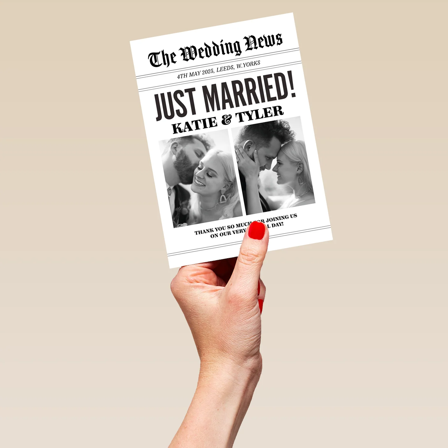 Personalised 'Newspaper' Photo Upload Wedding Announcement Card - Image 5
