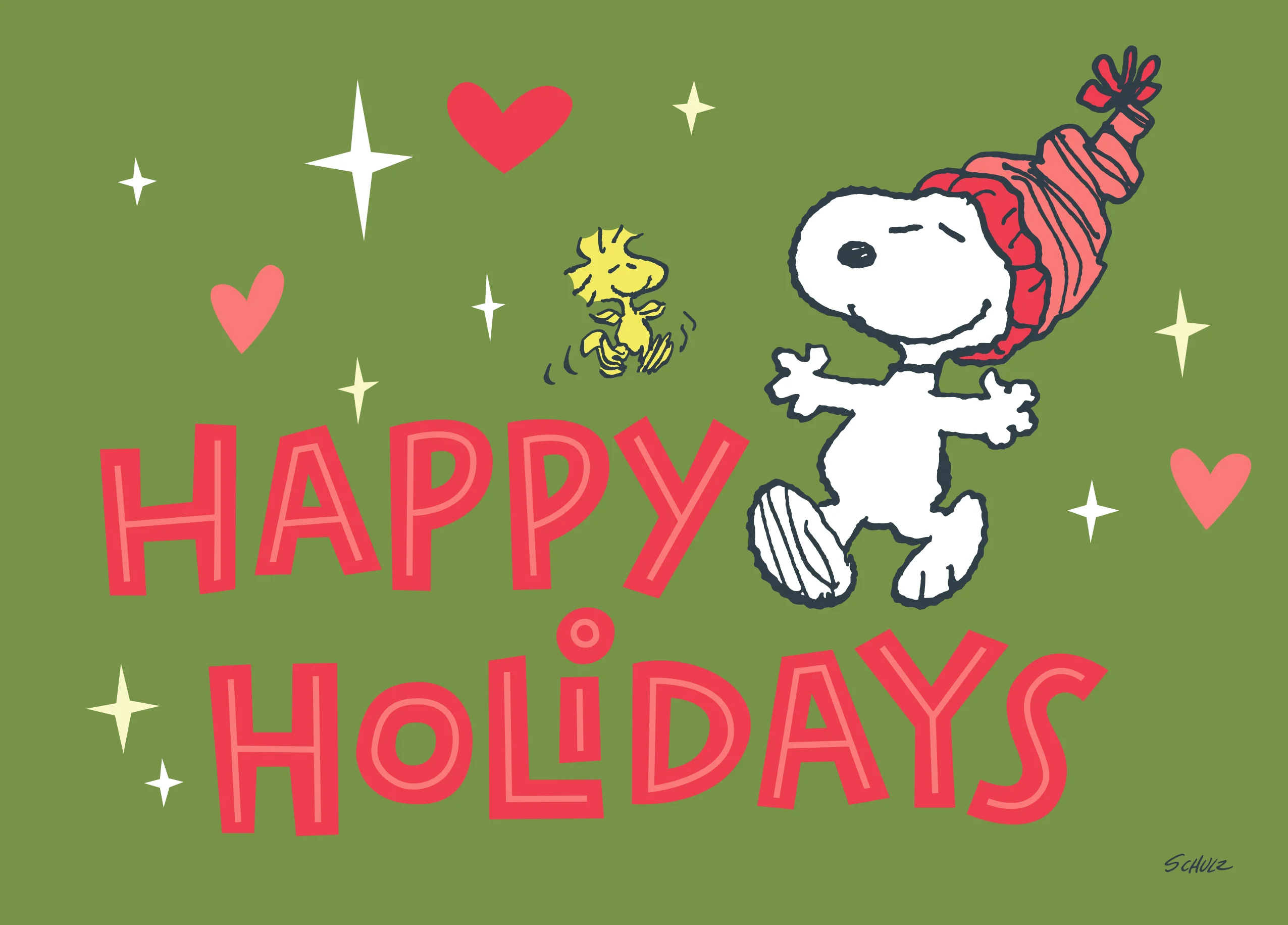 Personalised PEANUTS™ SNOOPY & WOODSTOCK Hearts & Stars Christmas Card