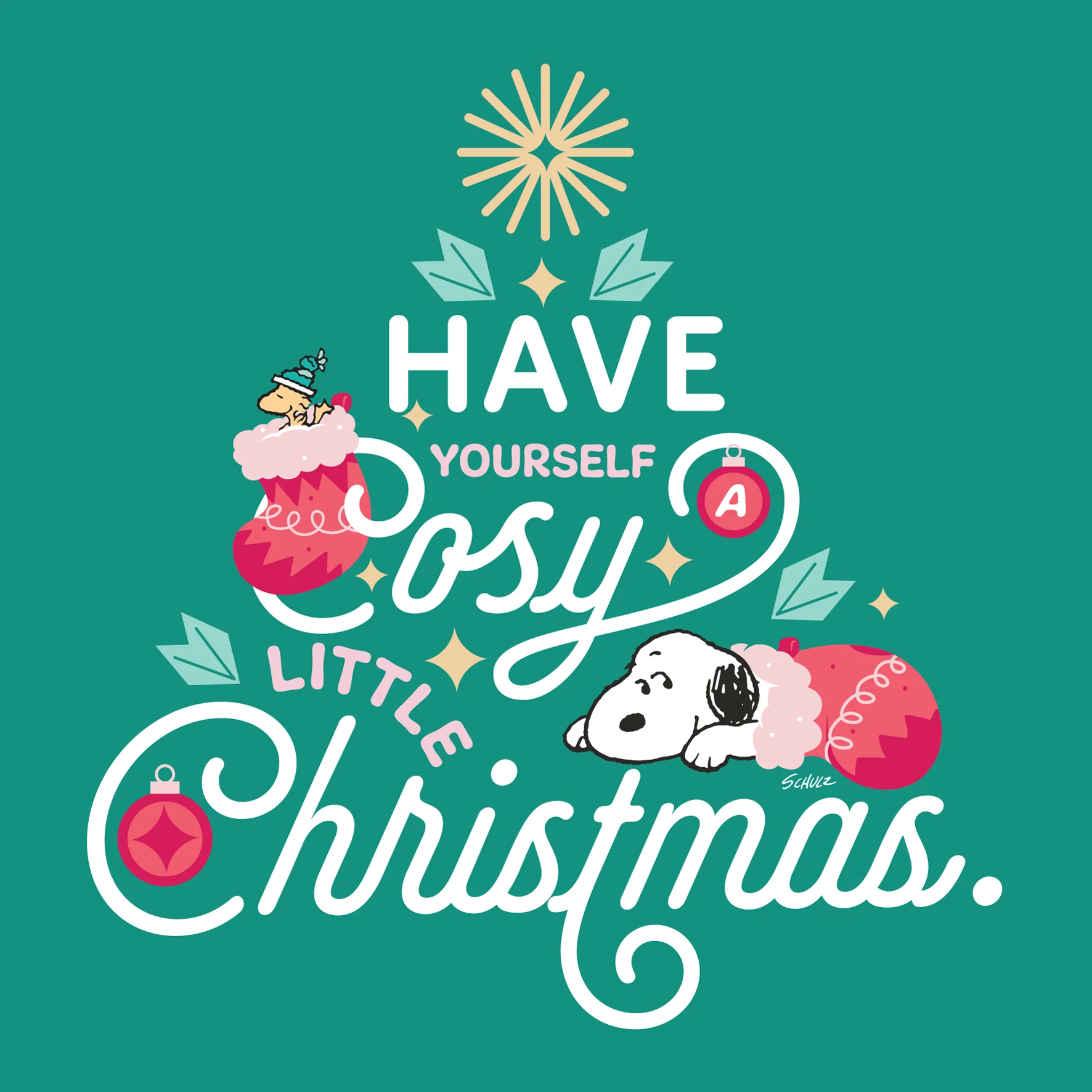 Personalised PEANUTS™ SNOOPY & WOODSTOCK in Stockings Christmas Card