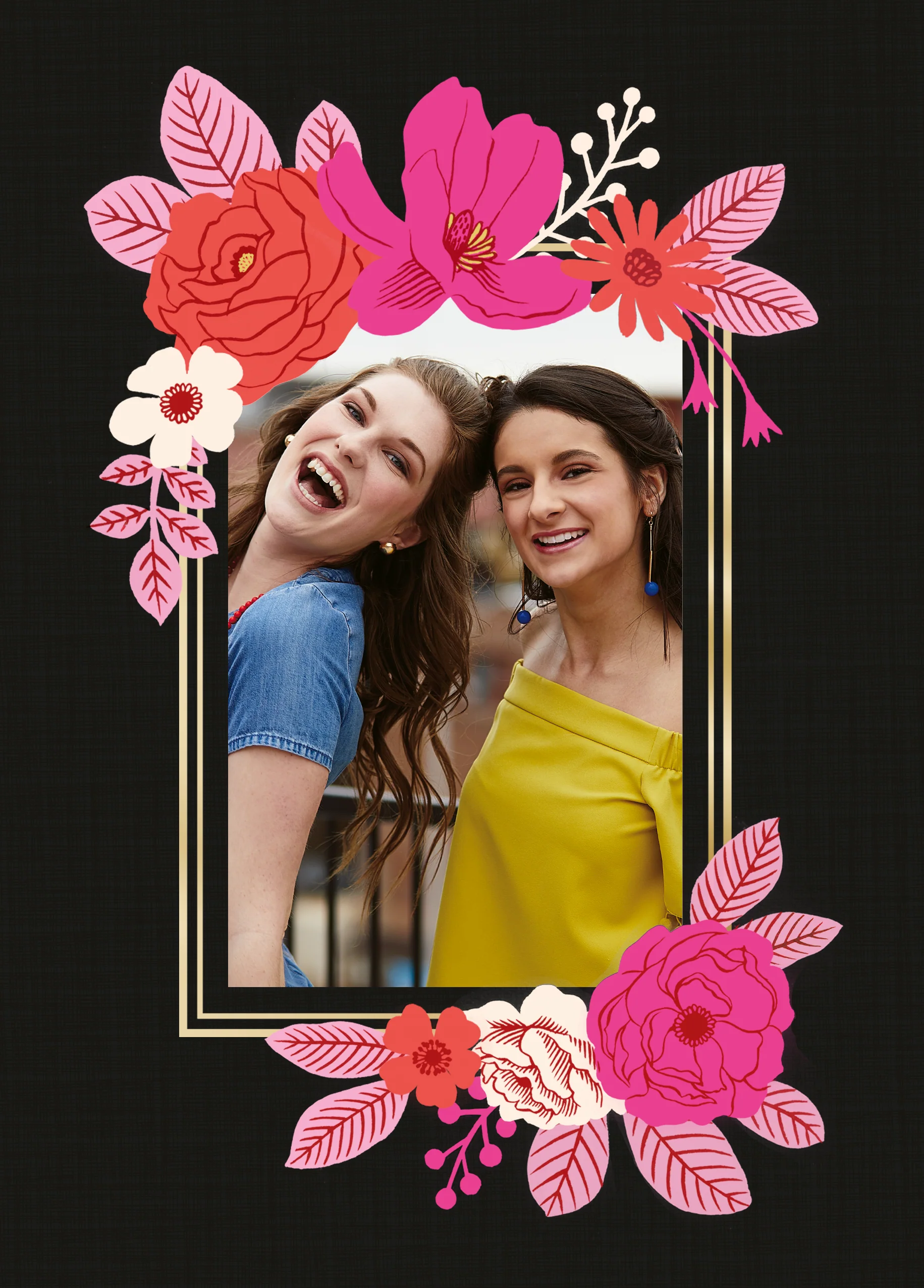 Personalised Photo Upload Black Floral Border Greeting Card