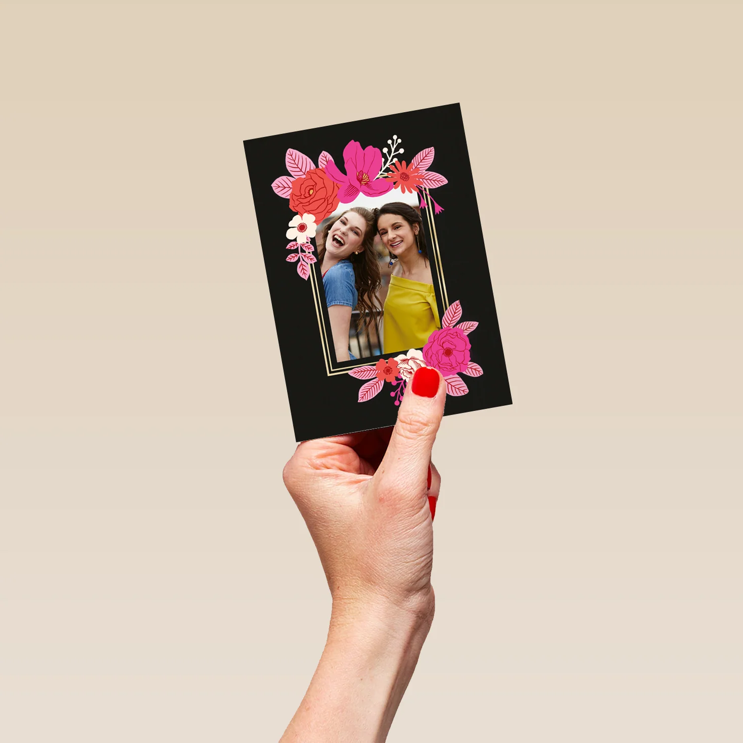 Personalised Photo Upload Black Floral Border Greeting Card - Image 4