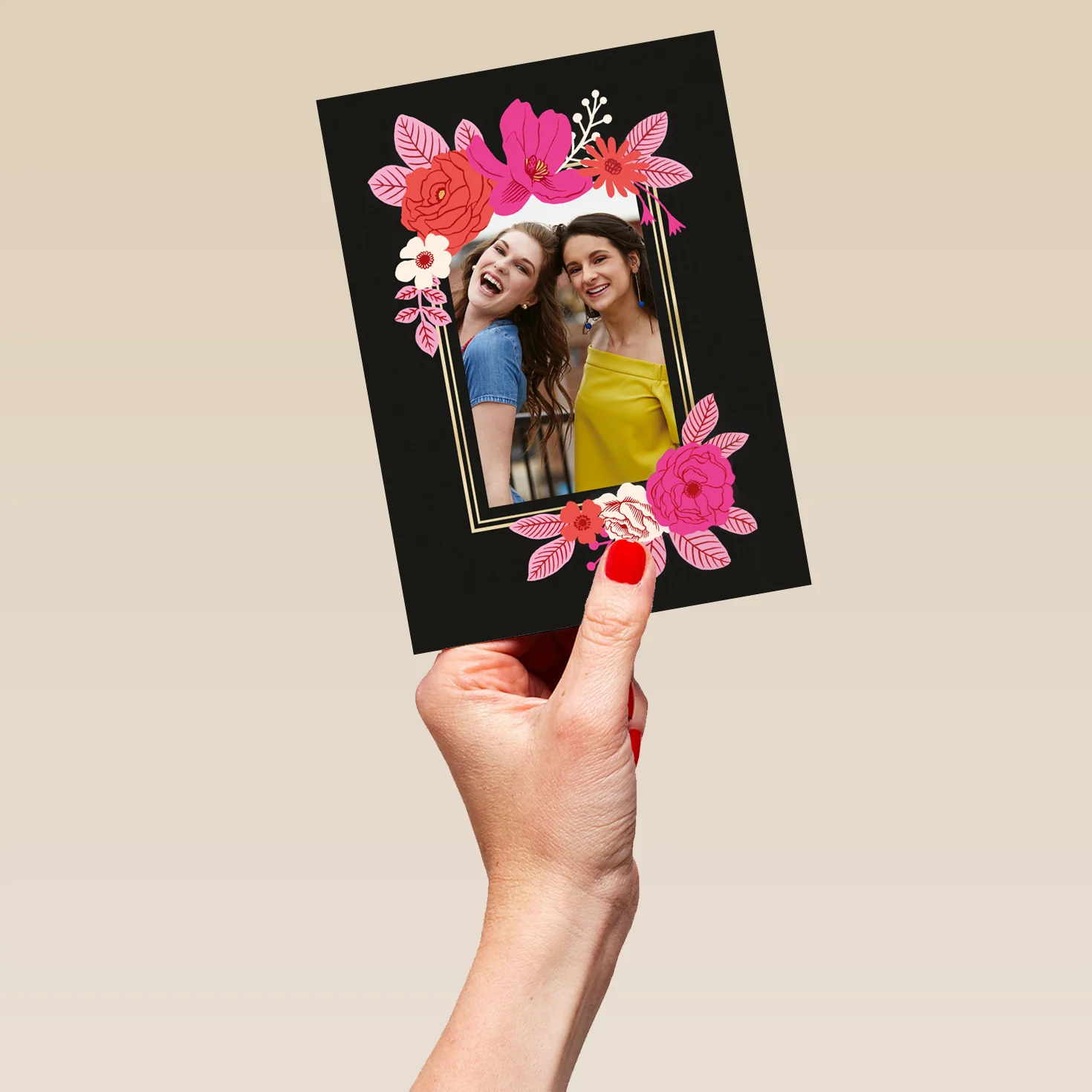 Personalised Photo Upload Black Floral Border Greeting Card - Image 5