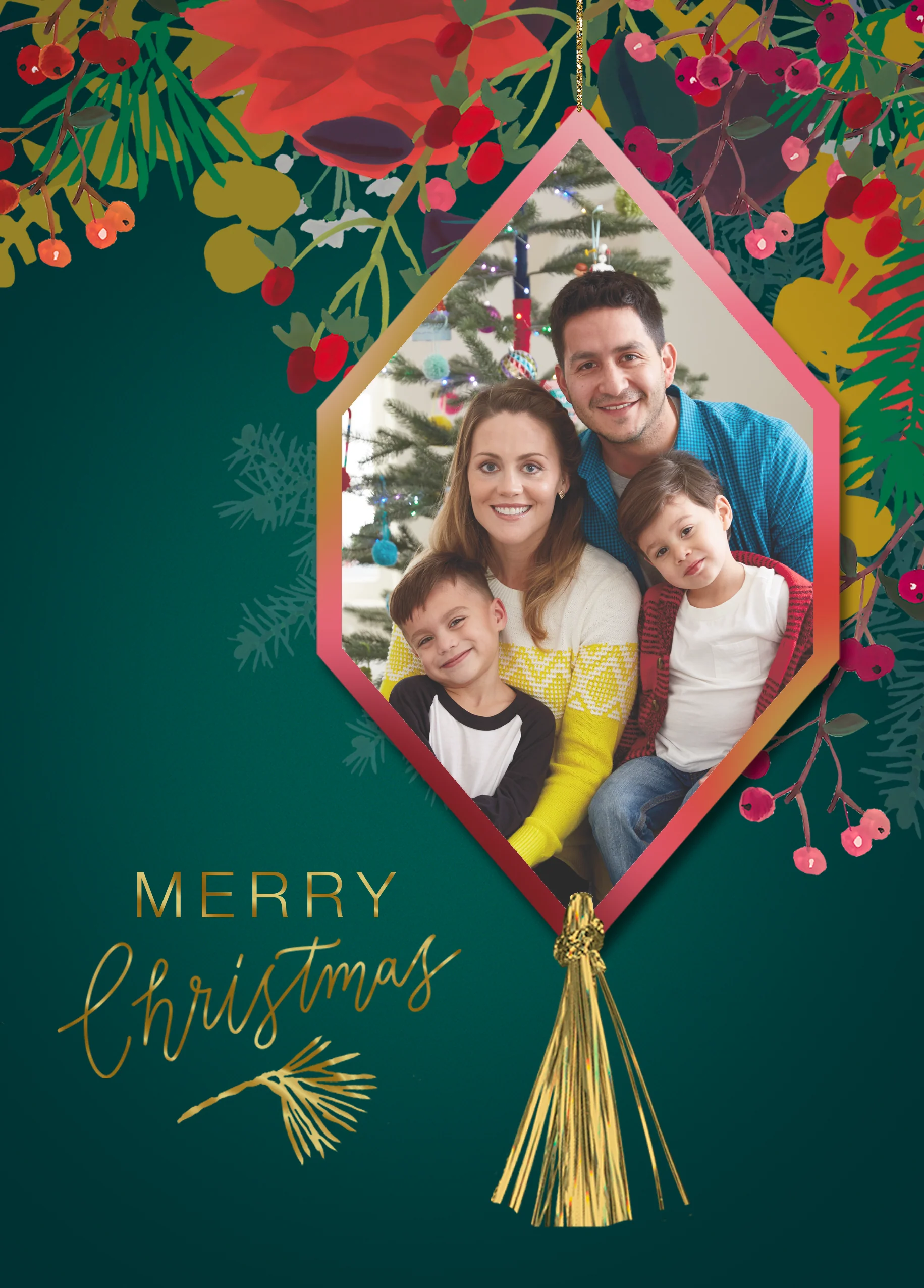 Personalised Photo Upload Christmas Florals with Hanging Ornament Christmas Card
