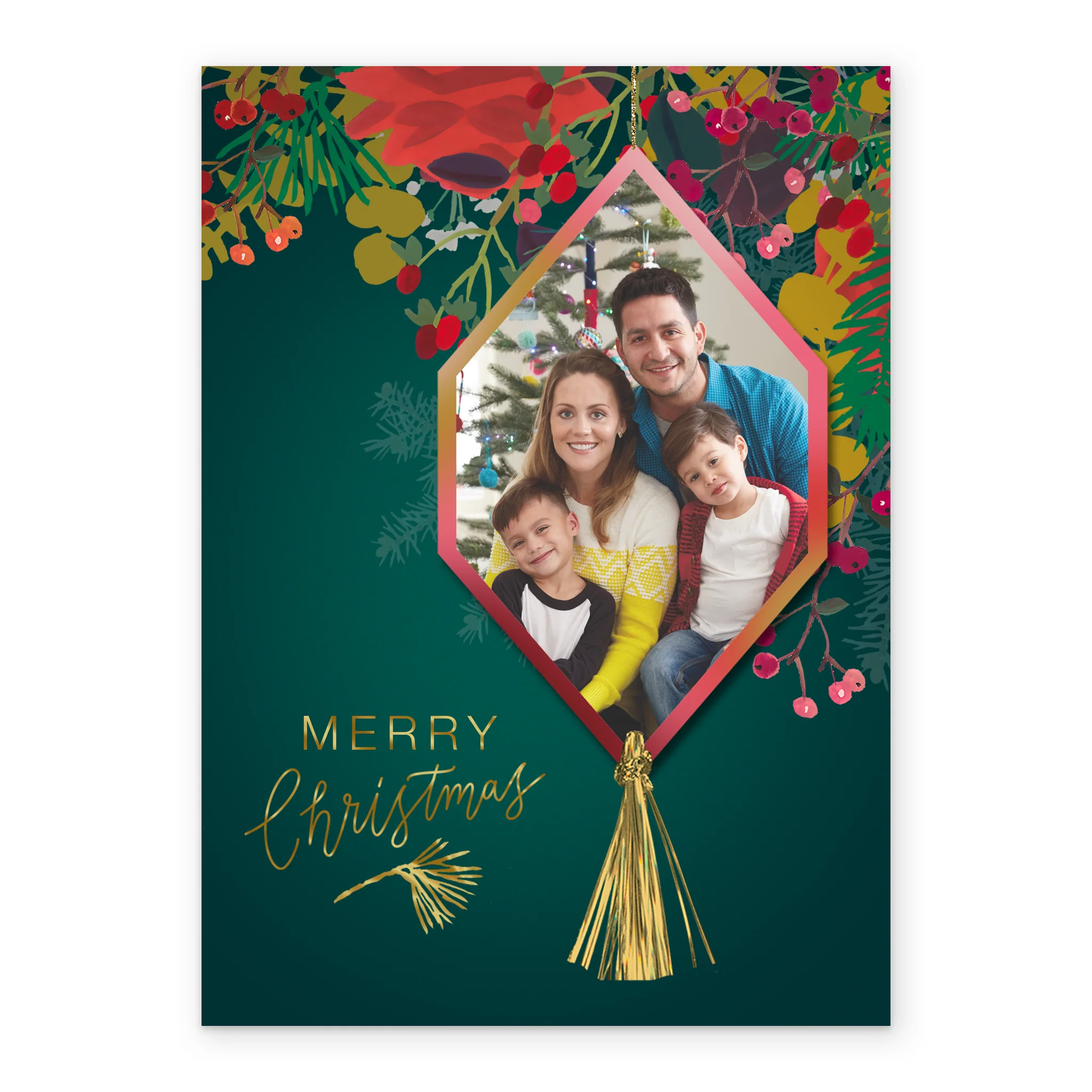 Personalised Photo Upload Christmas Florals with Hanging Ornament Christmas Card - Image 2