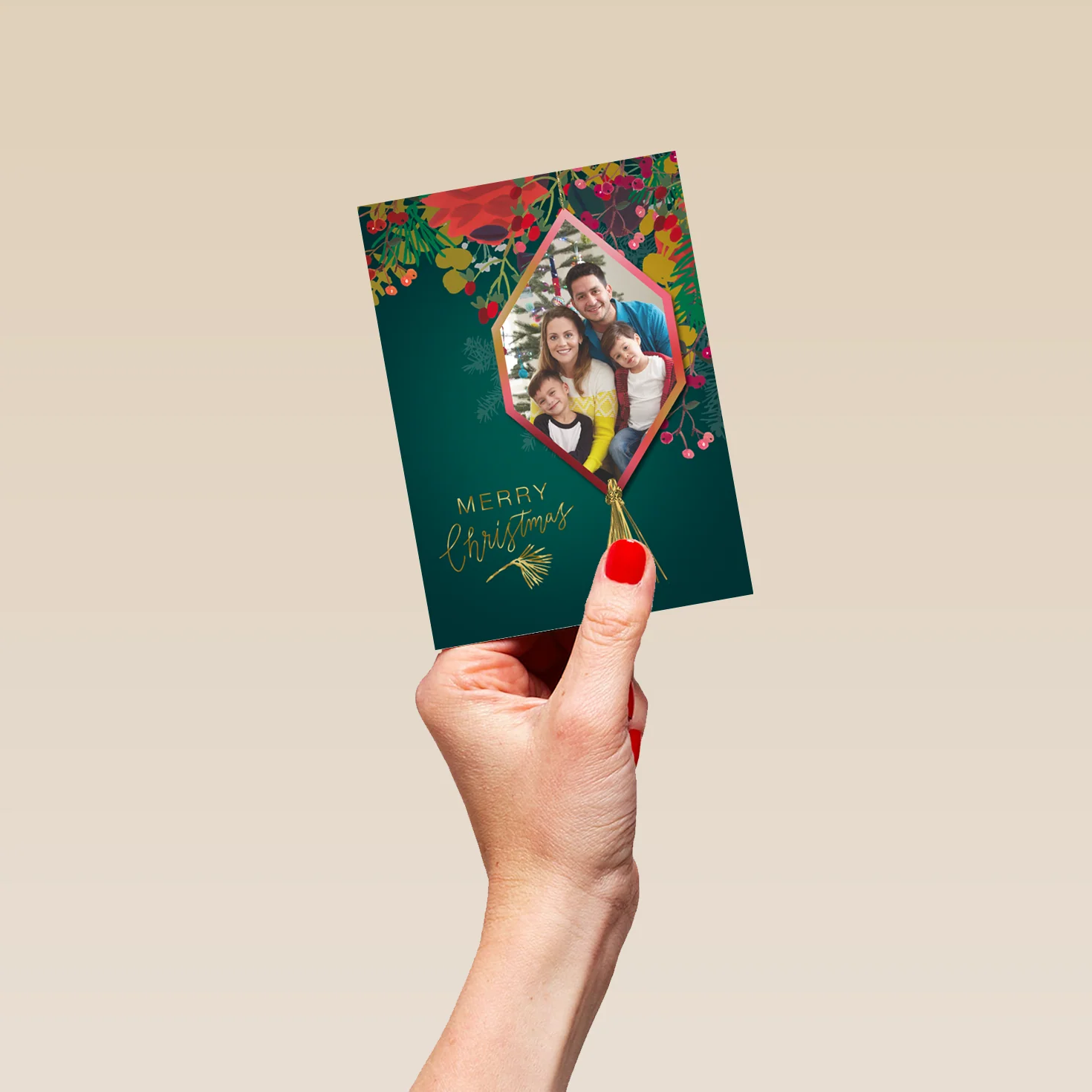 Personalised Photo Upload Christmas Florals with Hanging Ornament Christmas Card - Image 4