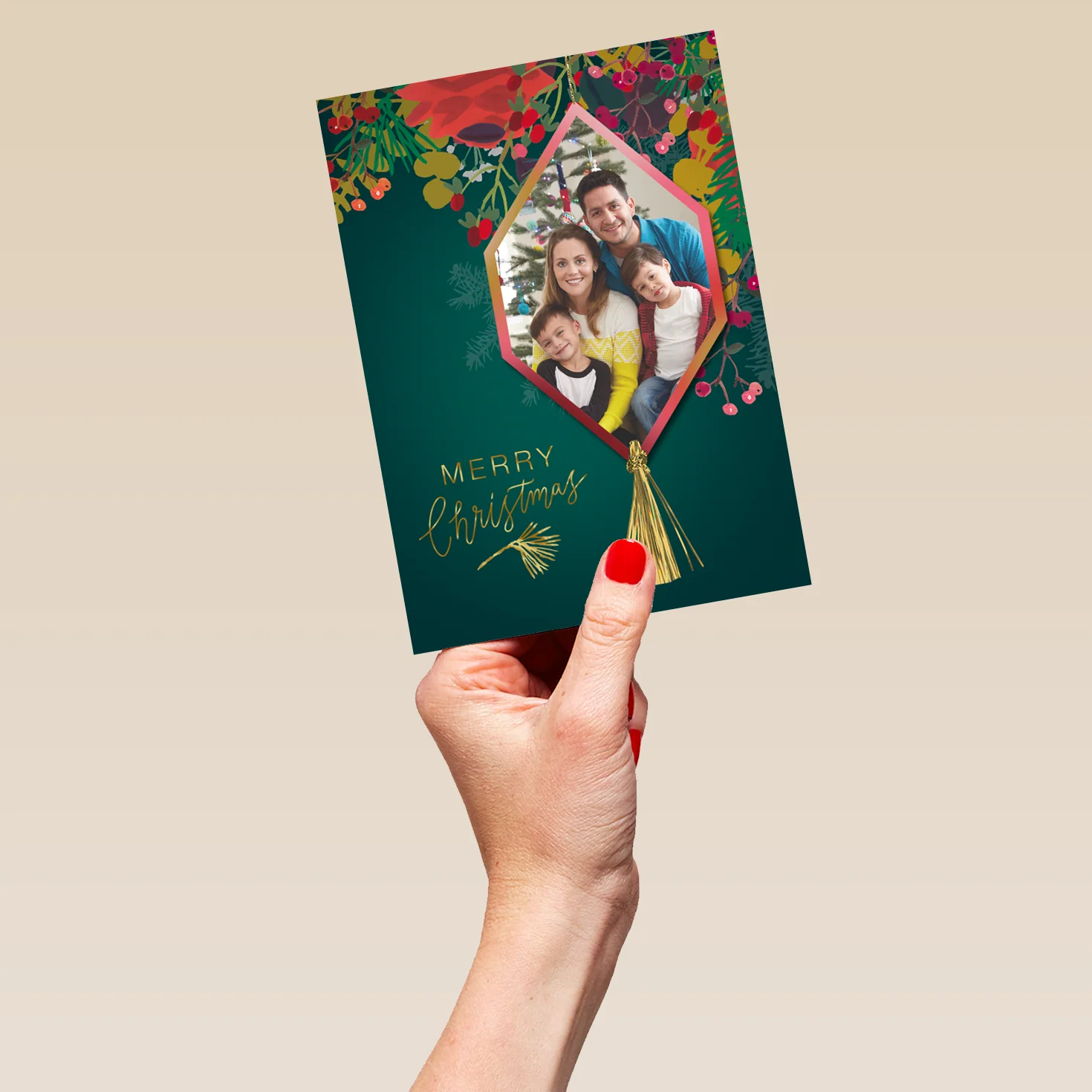Personalised Photo Upload Christmas Florals with Hanging Ornament Christmas Card - Image 5