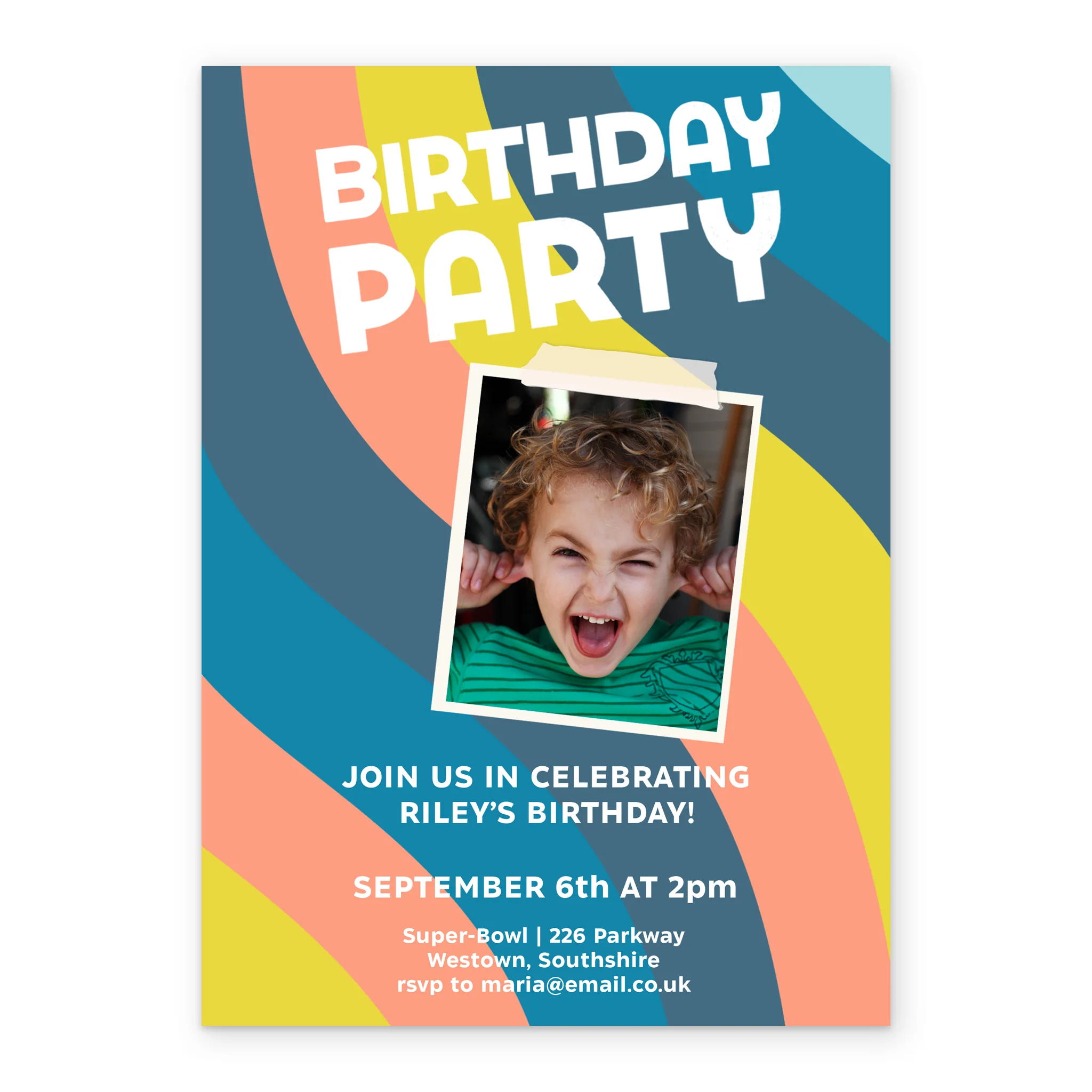 Personalised Photo Upload & Editable Blue Wavy Lines Birthday Invitation - Image 2