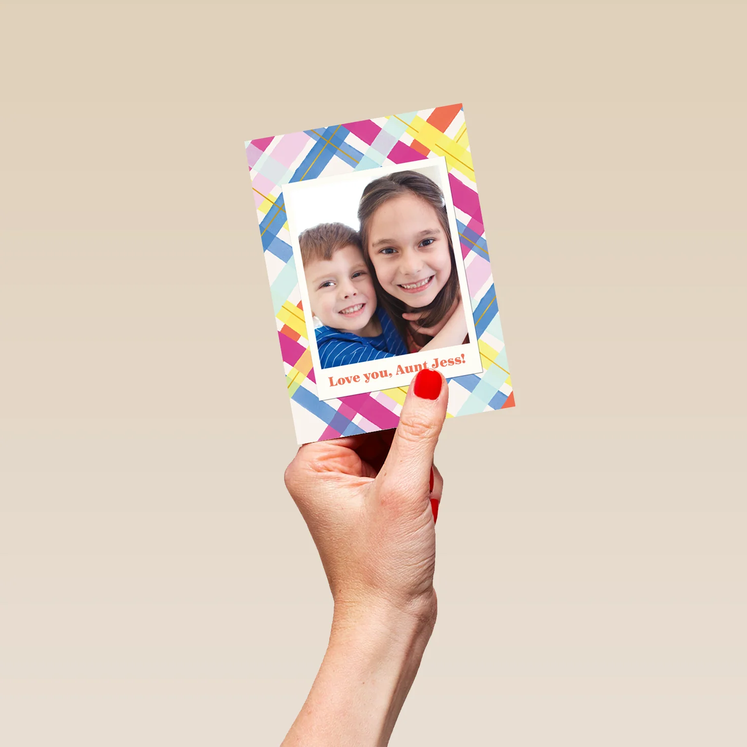 Personalised Photo Upload & Editable Colourful Tartan Greeting Card for Aunt - Image 4