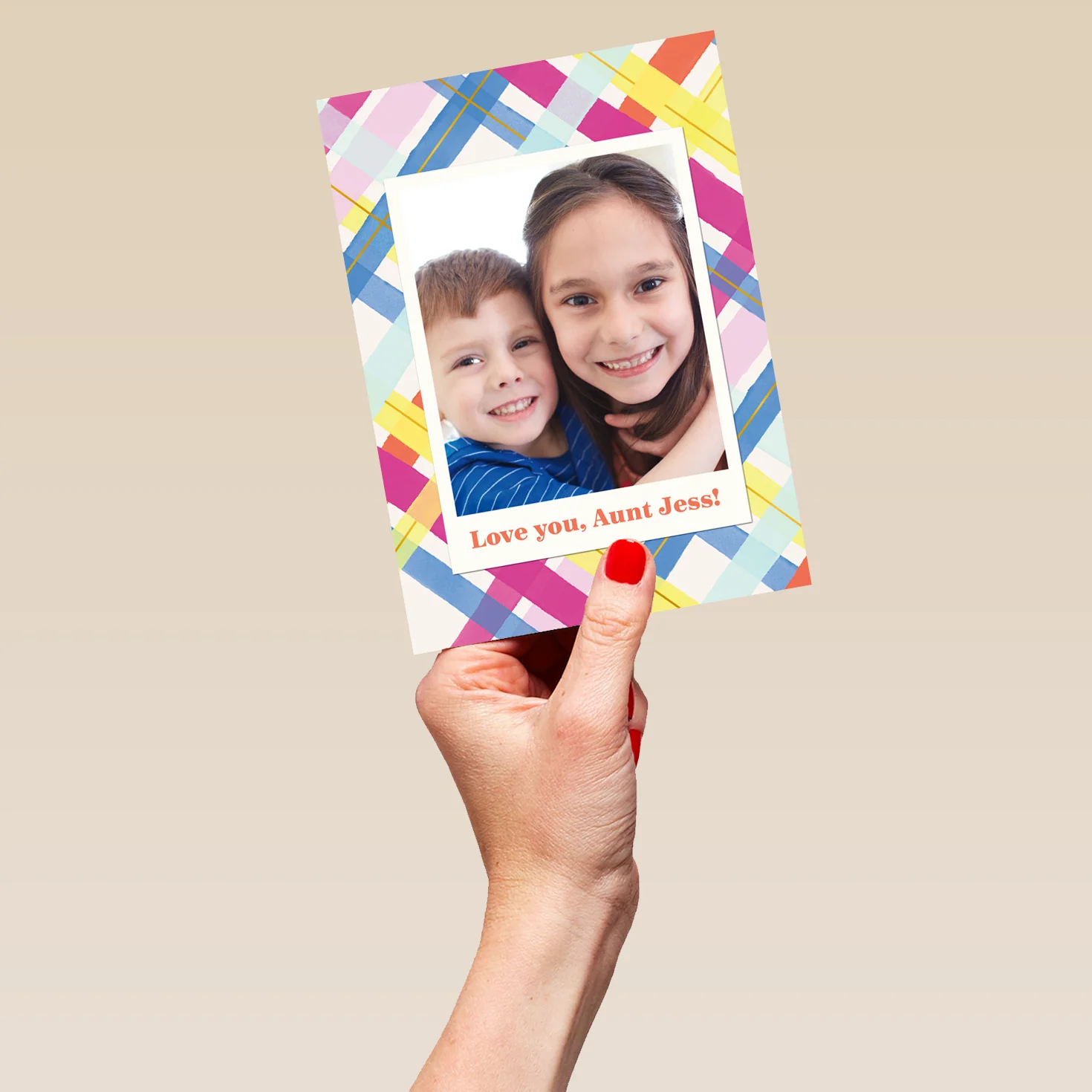 Personalised Photo Upload & Editable Colourful Tartan Greeting Card for Aunt - Image 5