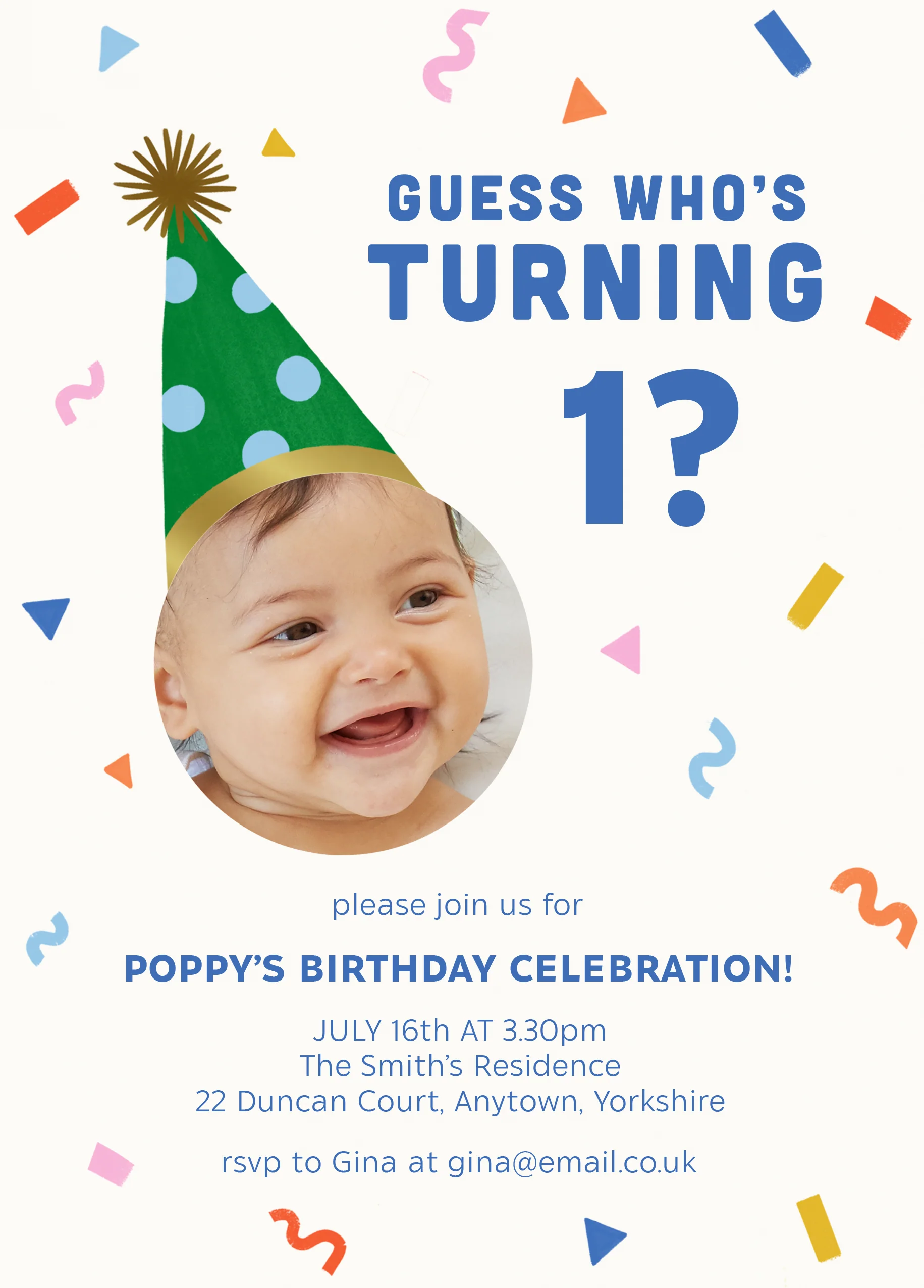 Personalised Photo Upload & Editable Confetti 1st Birthday Invitation