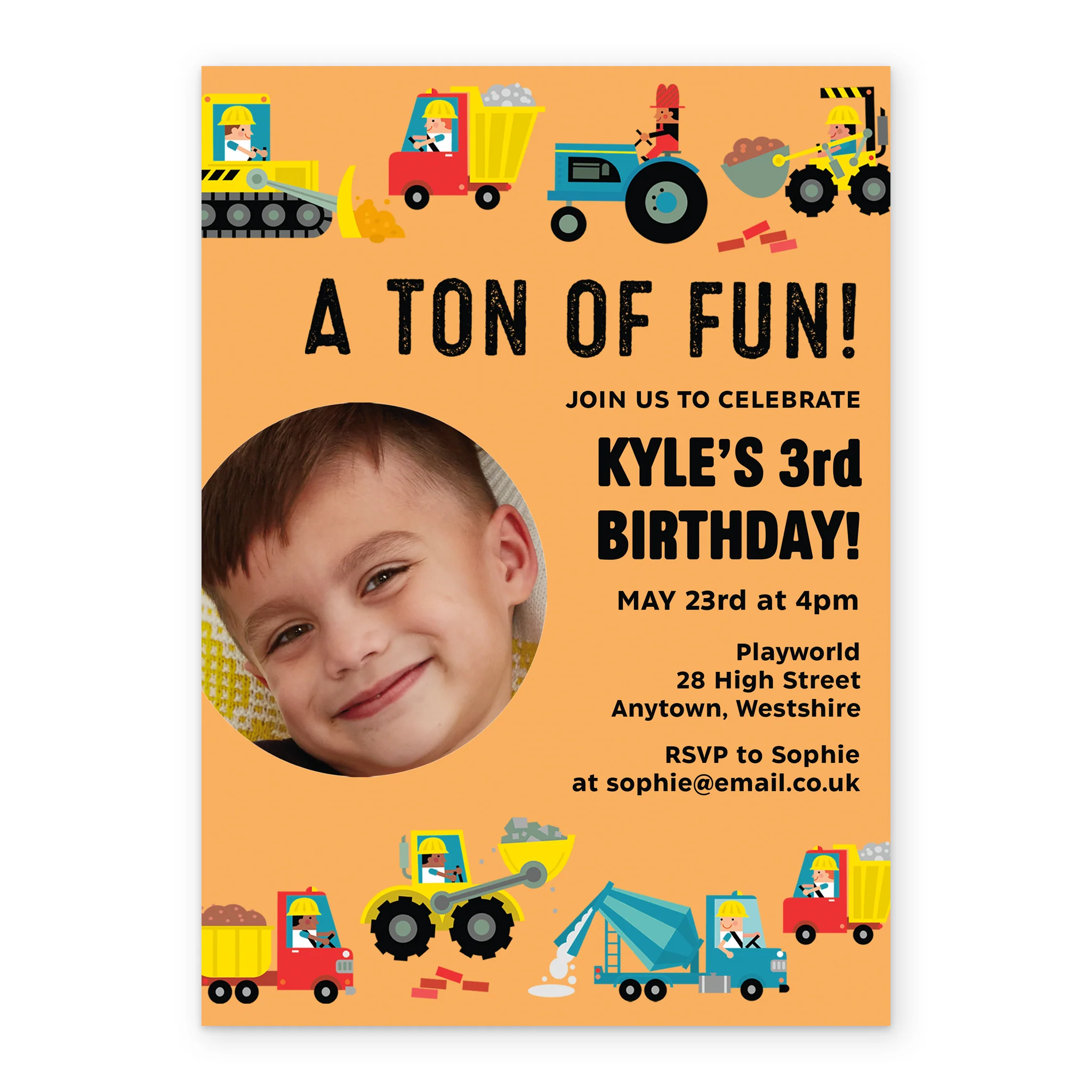 Personalised Photo Upload & Editable Construction Vehicles Birthday Invitation - Image 2