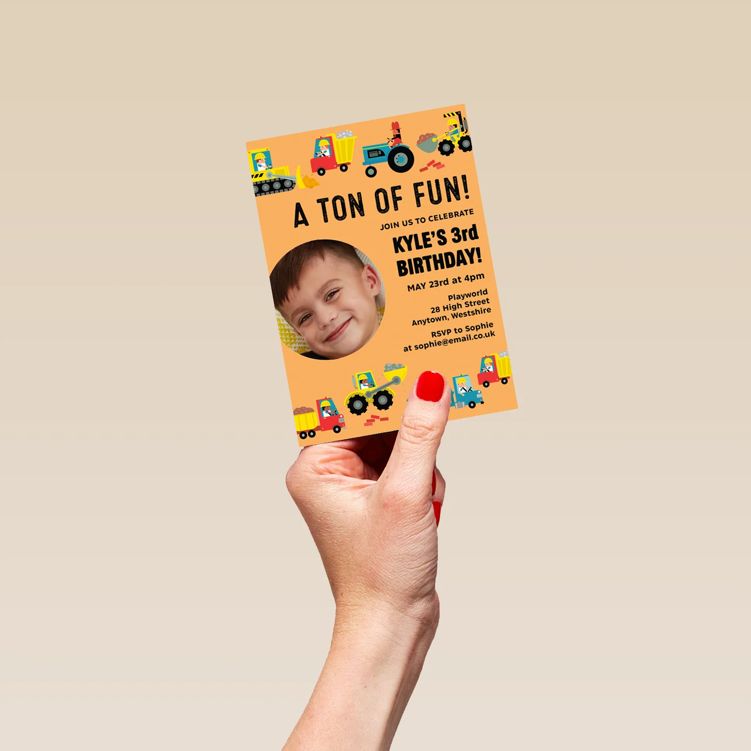 Personalised Photo Upload & Editable Construction Vehicles Birthday Invitation - Image 4