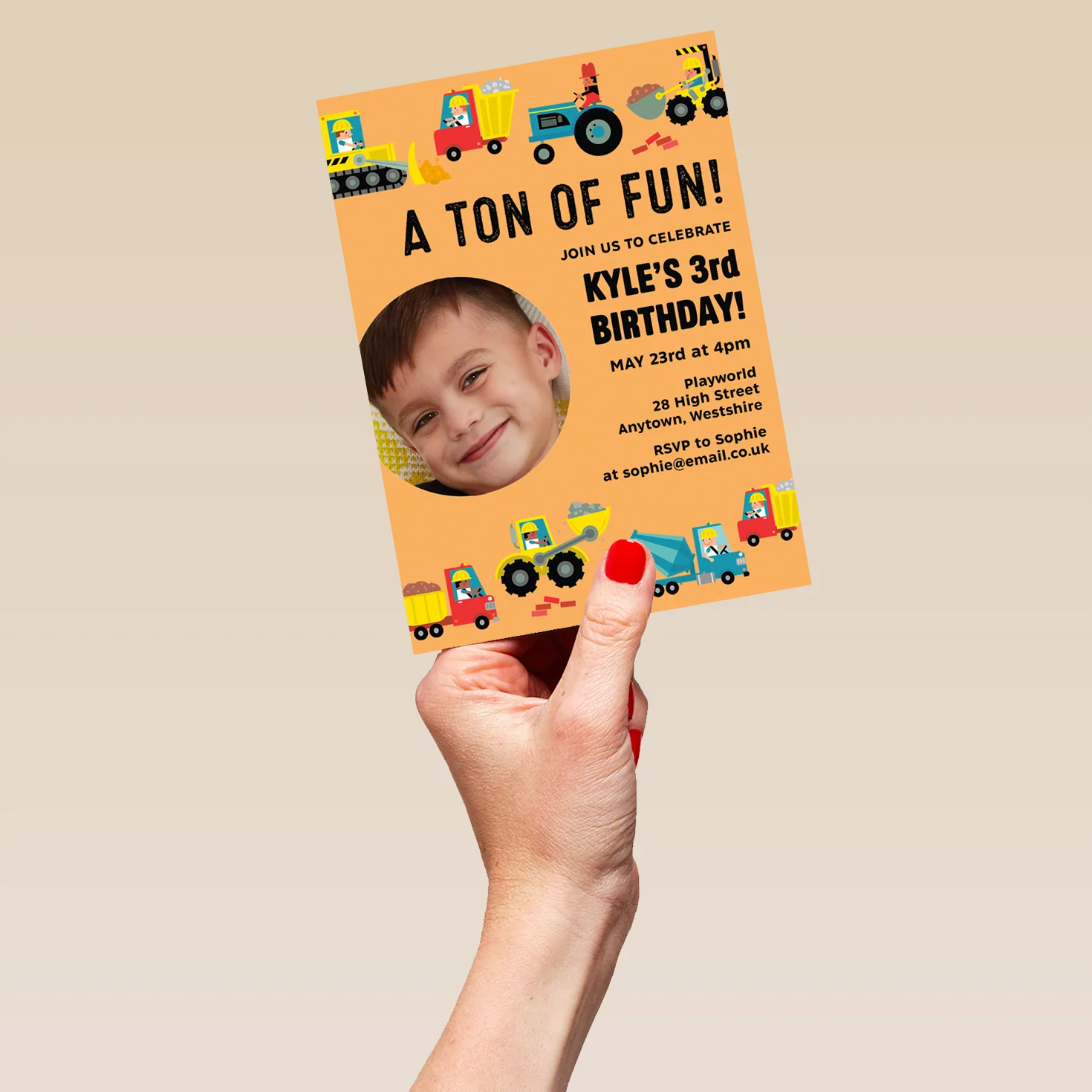 Personalised Photo Upload & Editable Construction Vehicles Birthday Invitation - Image 5