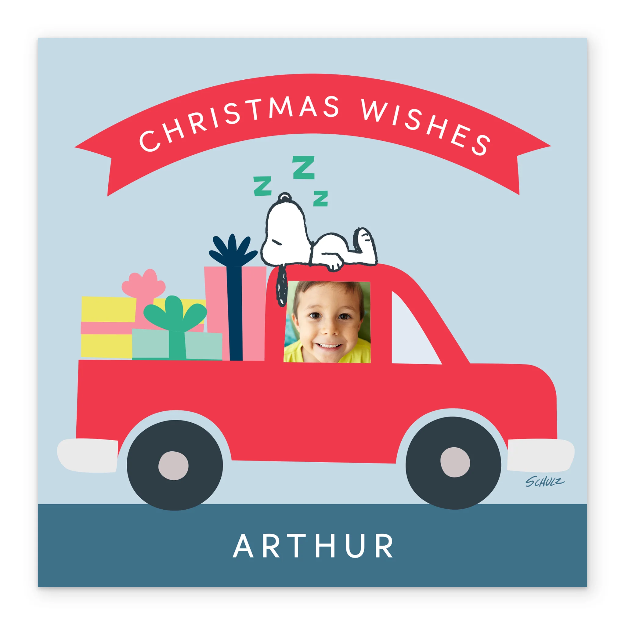 Personalised Photo Upload & Editable PEANUTS™ SNOOPY Red Truck Christmas Card - Image 2