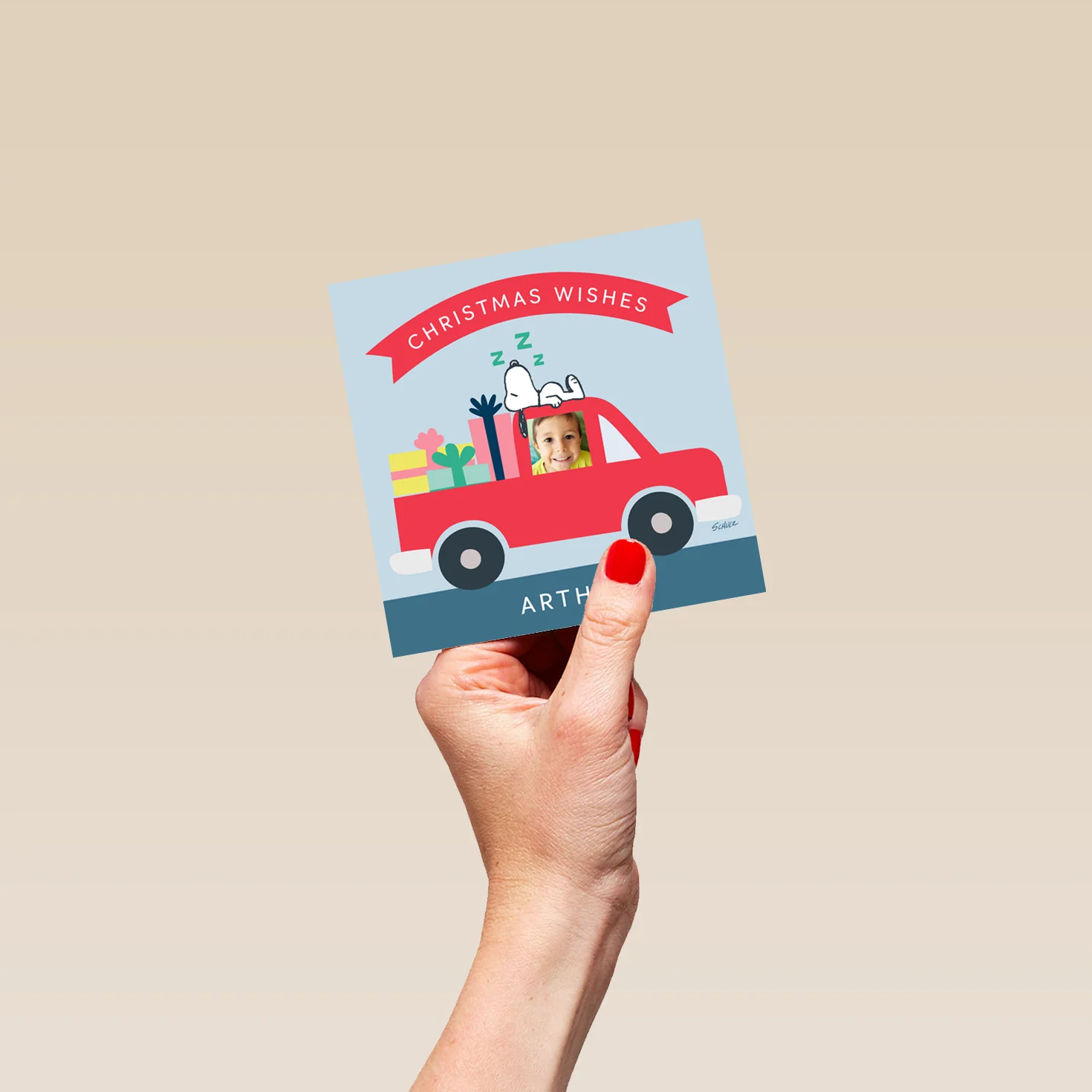Personalised Photo Upload & Editable PEANUTS™ SNOOPY Red Truck Christmas Card - Image 4