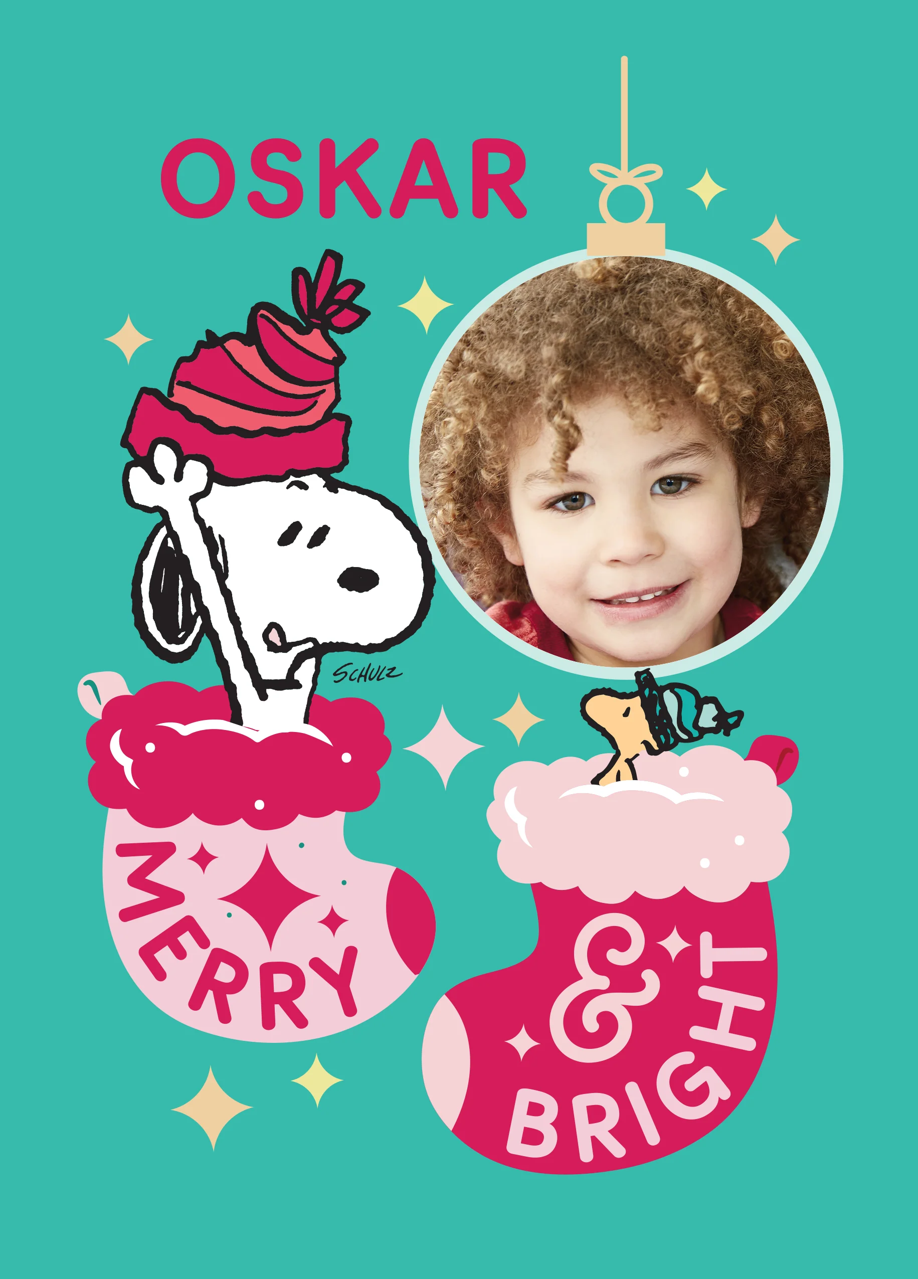 Personalised Photo Upload & Editable PEANUTS™ SNOOPY & WOODSTOCK Stockings Christmas Card